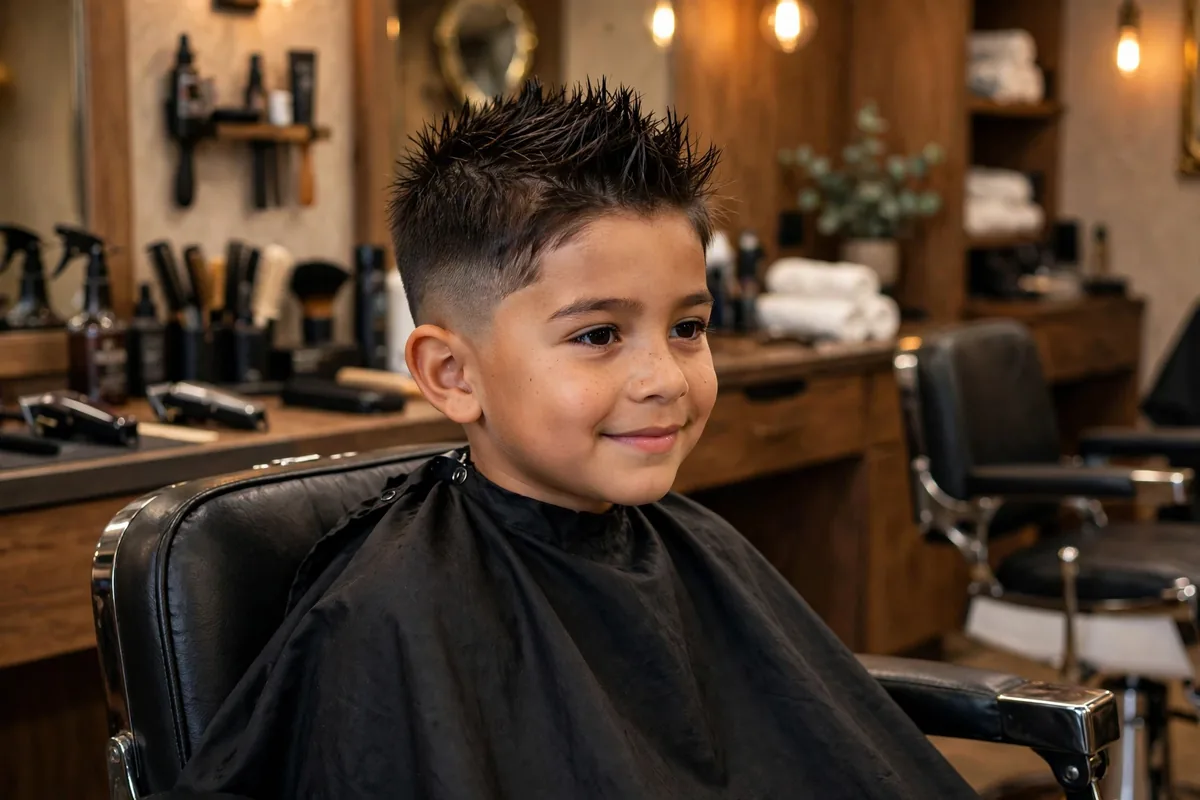 Little boy short spikes with low fade haircut, spiky textured top with faded sides, fun kids hairstyle