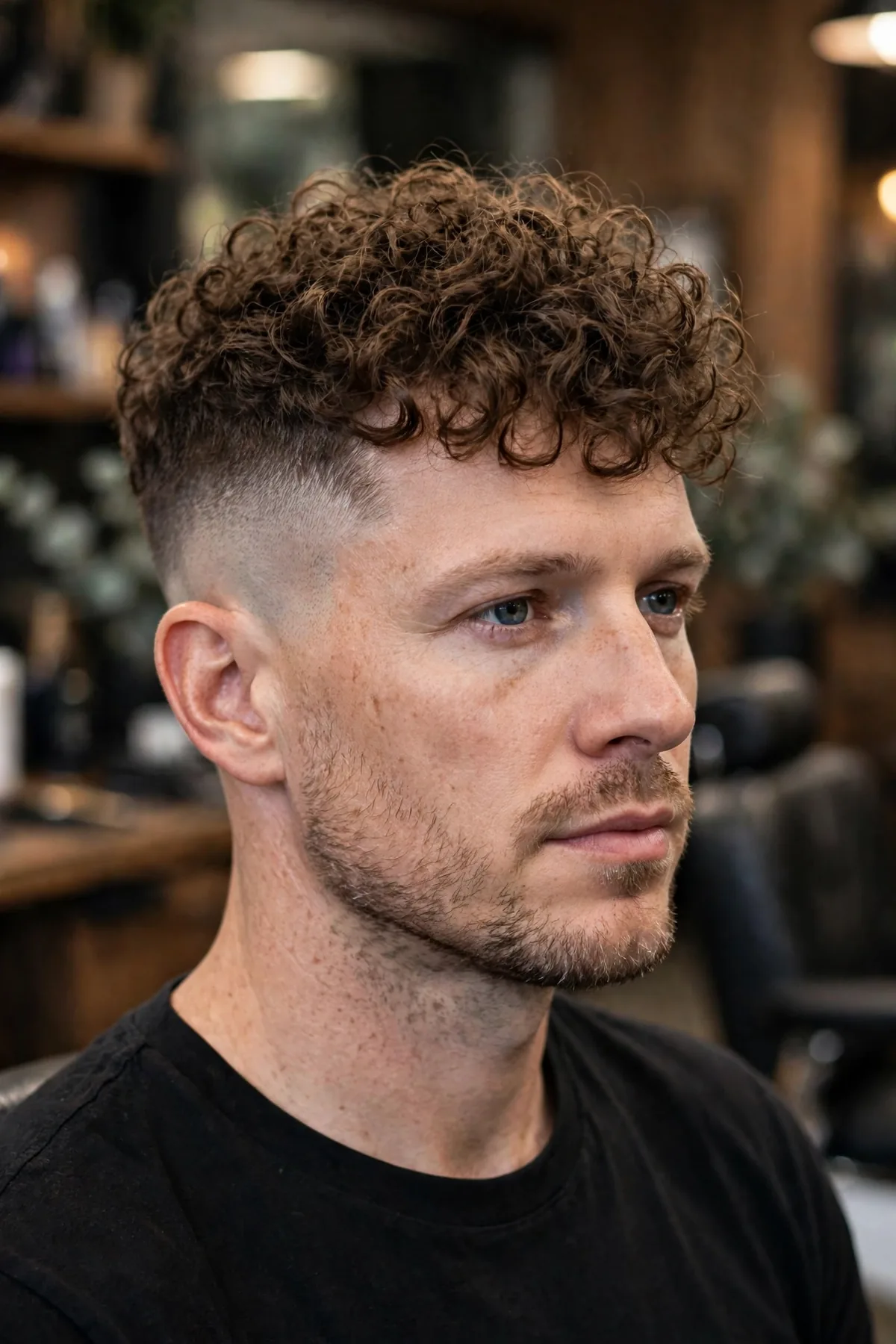 Skin fade with curly top haircut, sides faded to the skin with a full voluminous curly top