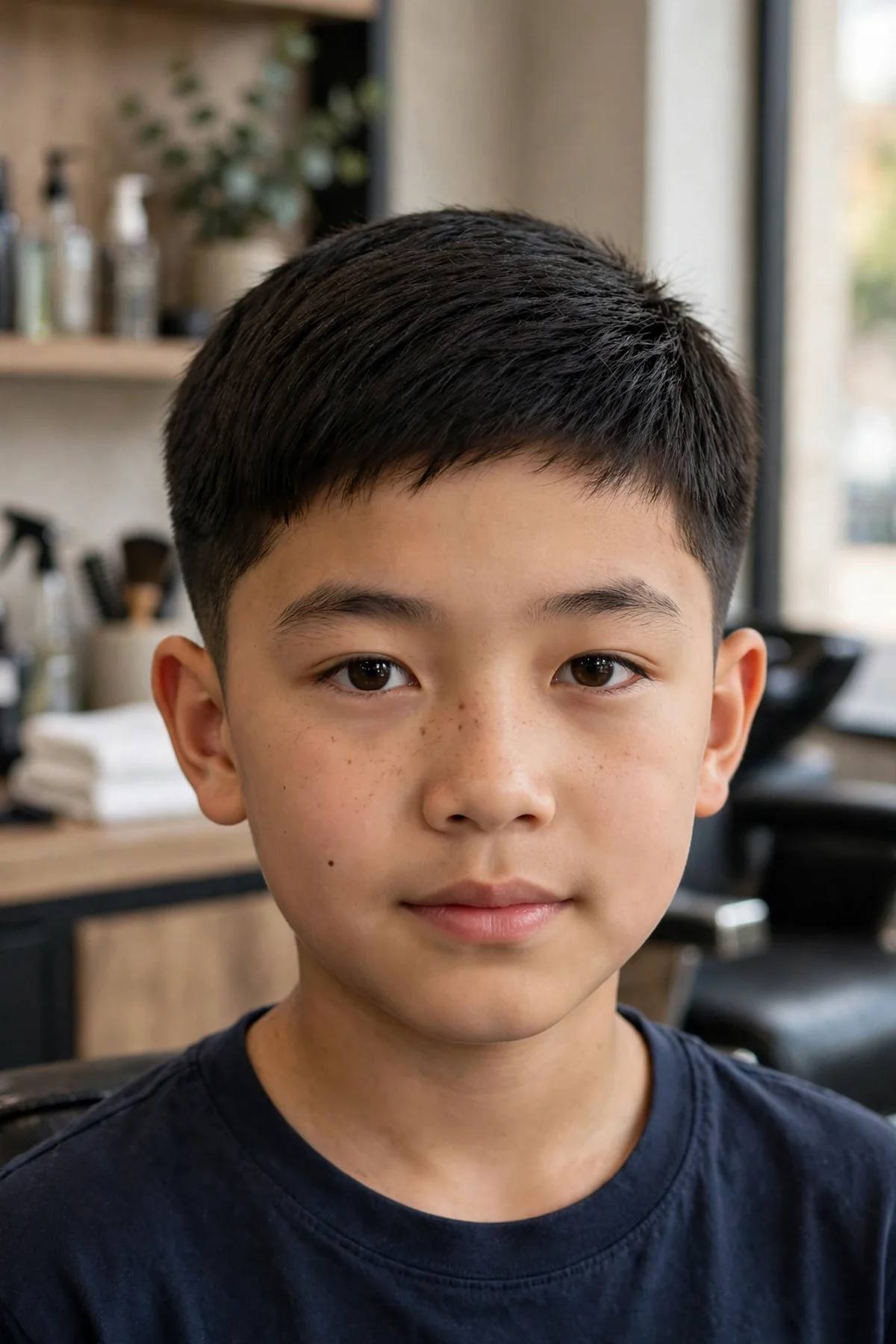 Asian boy with a classic crew cut asian boy haircut, neat short top and tapered sides in a barbershop