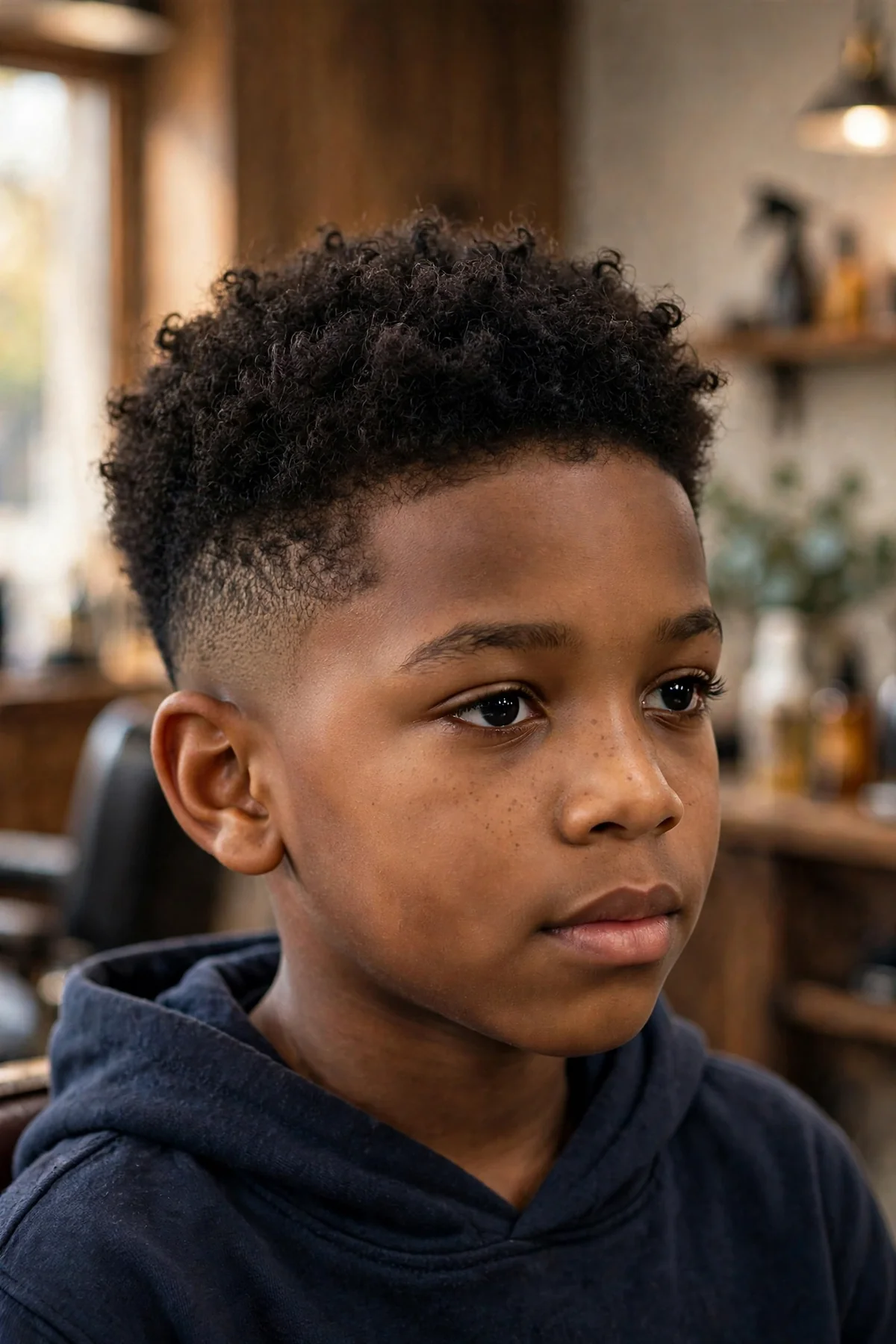 Black boy about 9 years old with a mid taper fade, textured curly top and the fade line starting at mid-side