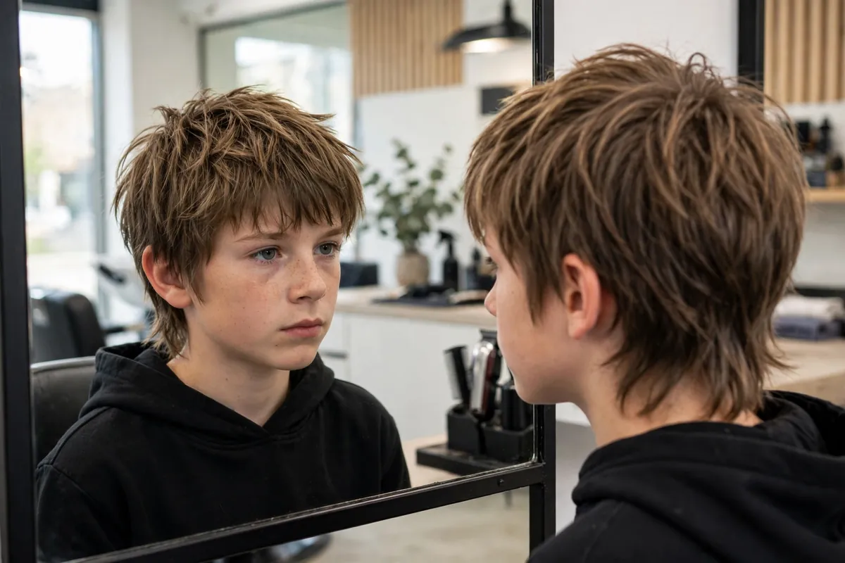 Boy with a shaggy wolf cut, short choppy layers on top blending into longer layers at the back