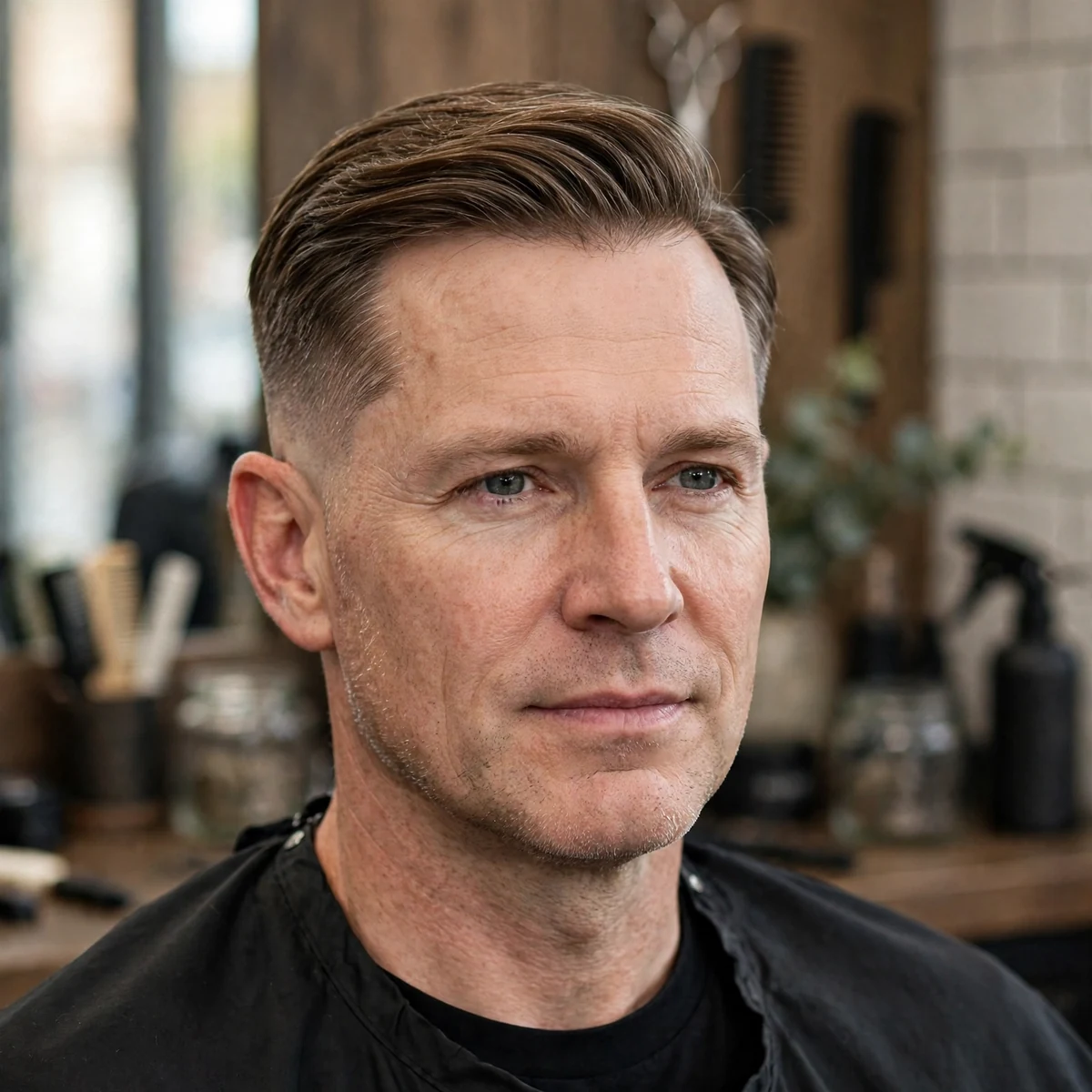 Classic taper fade haircut with side part, subtle taper at ears and neckline
