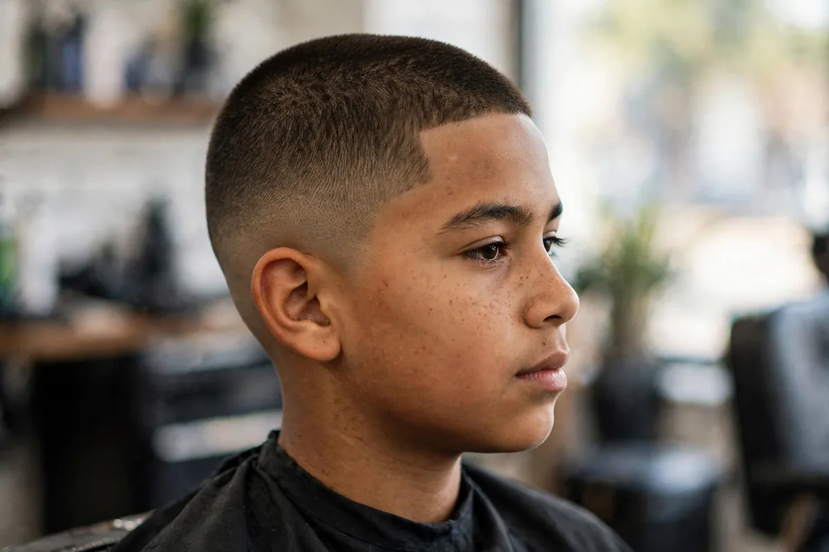 Boy with a tapered neckline buzz fade haircut for boys — short buzz top with a clean tapered fade at the neck