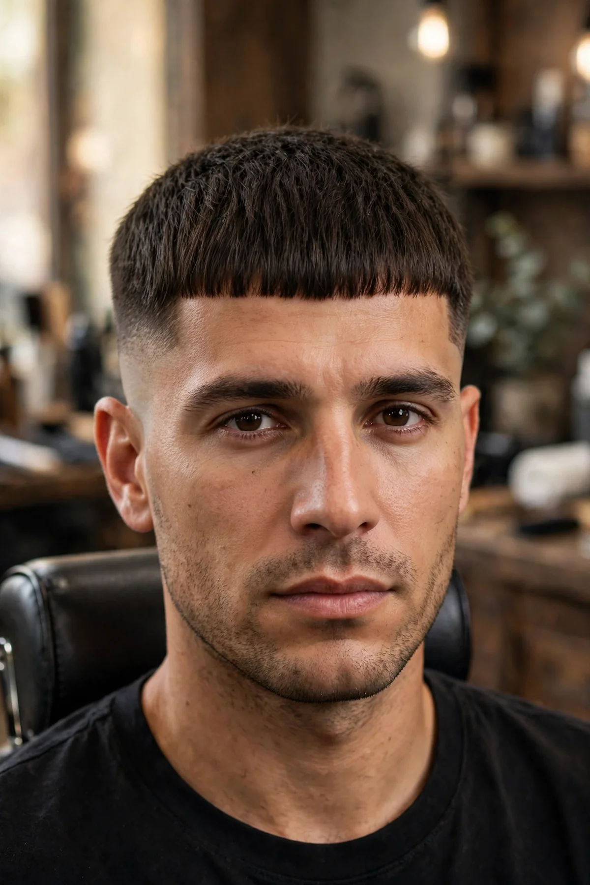 French crop low skin fade haircut with blunt straight fringe, short textured top, low skin fade above the ears