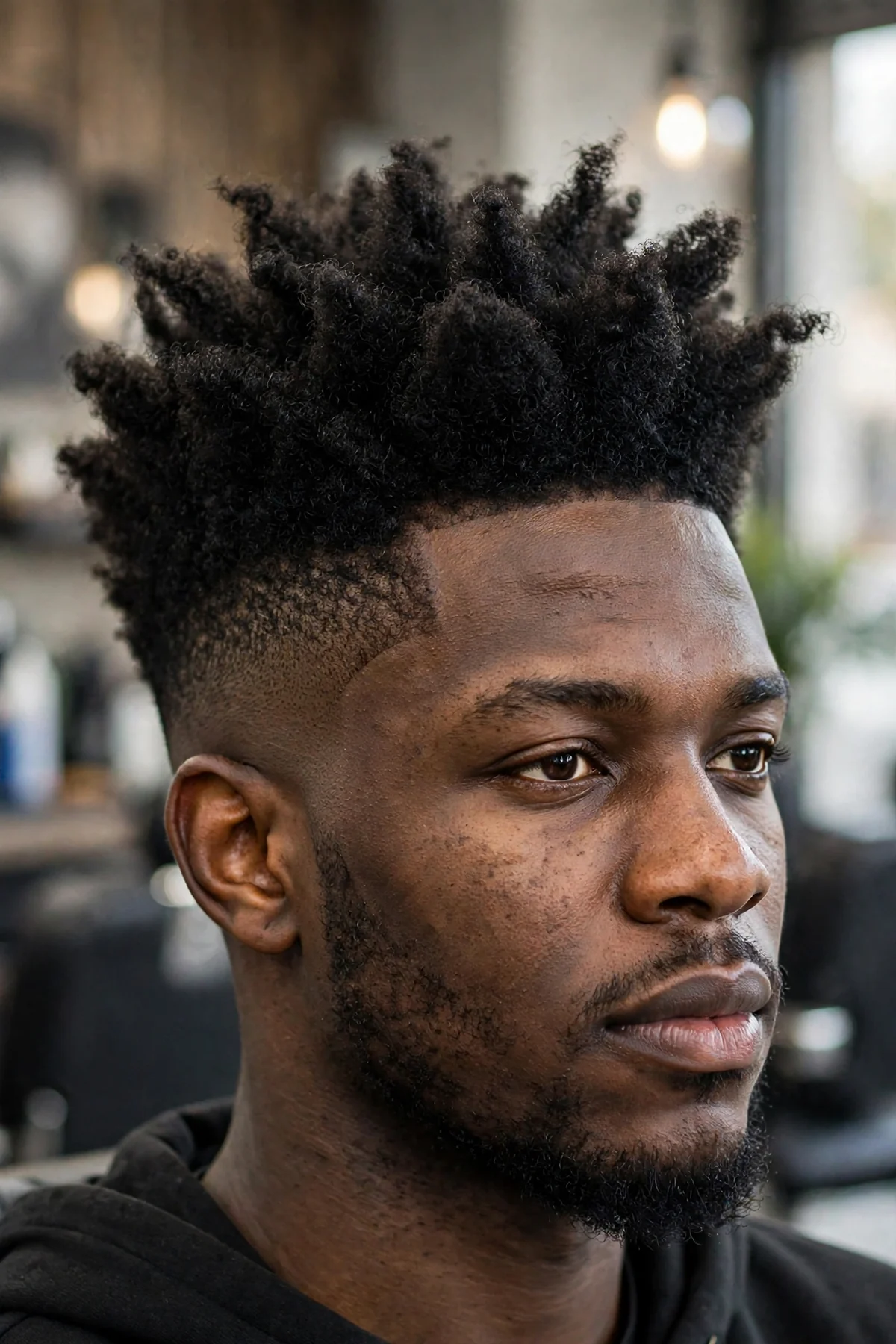 High top haircut with a drop fade, tall textured top with the fade curving down behind the ear, barbershop photography