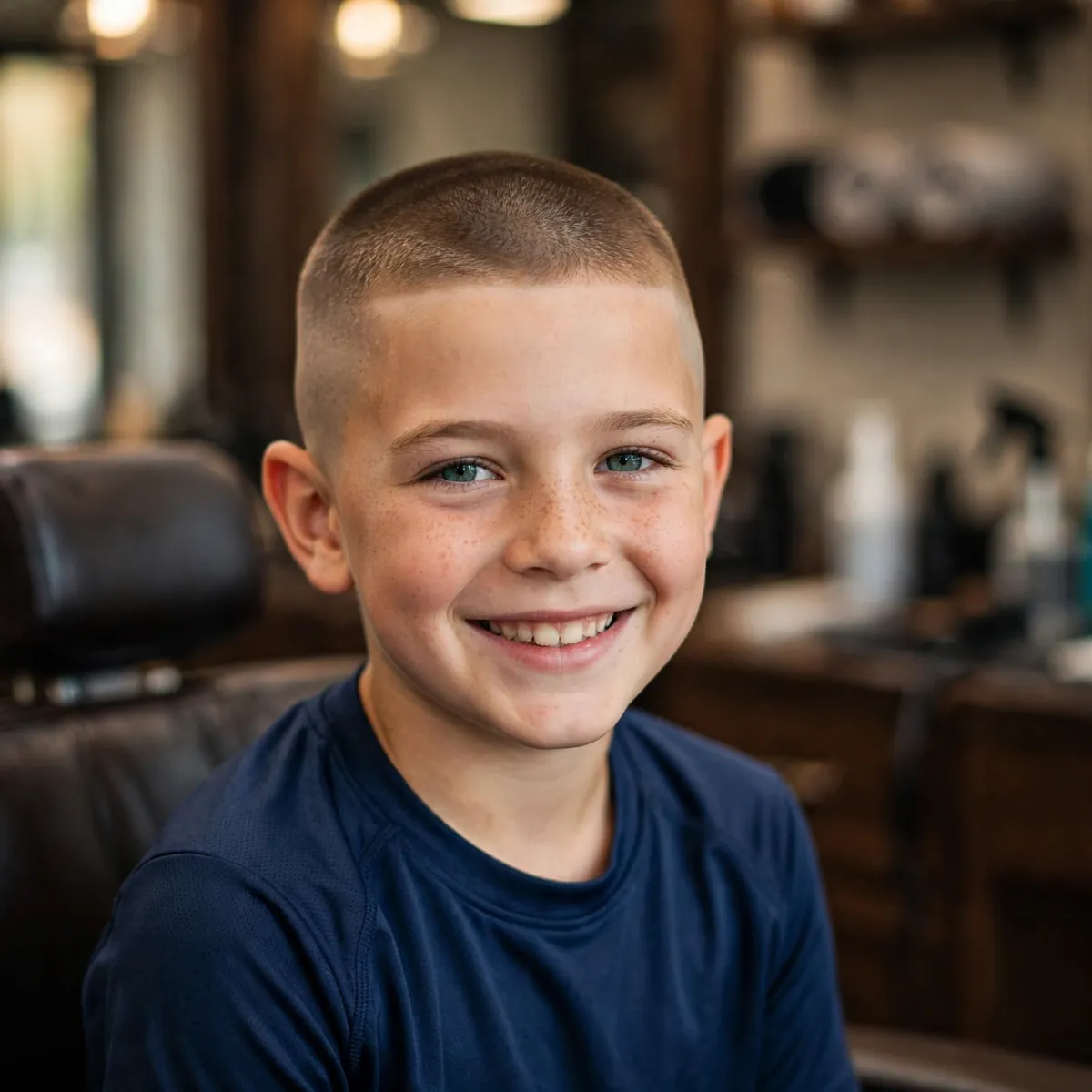 Buzz cut fade haircut for kids — short even length with faded sides