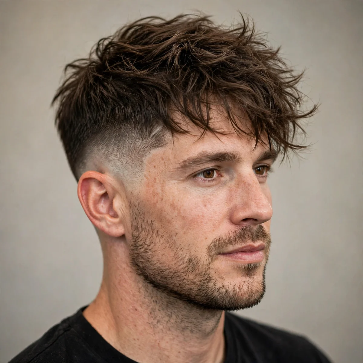 Messy tousled top with mid drop fade haircut, casual barber photo