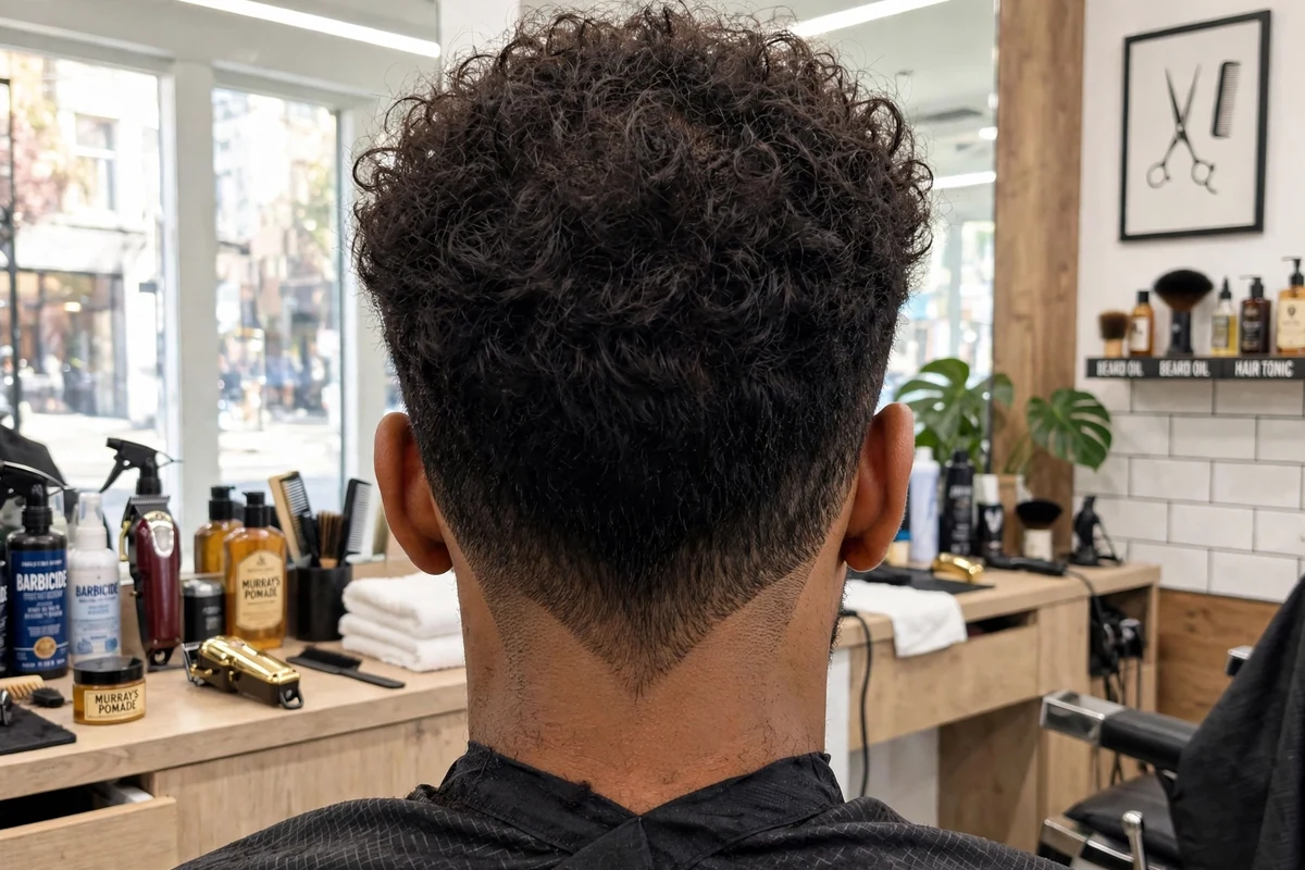 Low taper V haircut for men with full sides and pointed nape