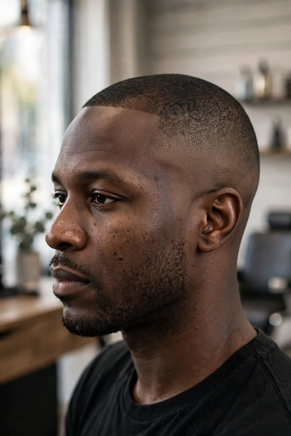 Buzz cut with shadow fade for men, uniform short hair on top, soft stubble shadow fading at the sides, clean military-inspired look