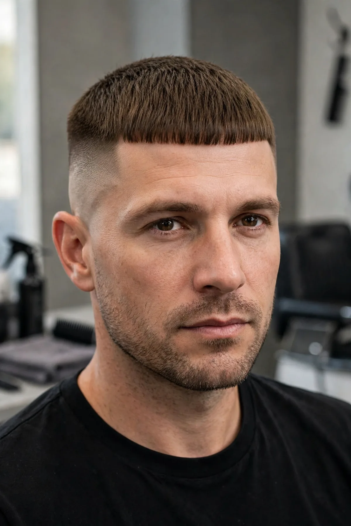 French crop with a high skin fade, straight fringe and faded sides