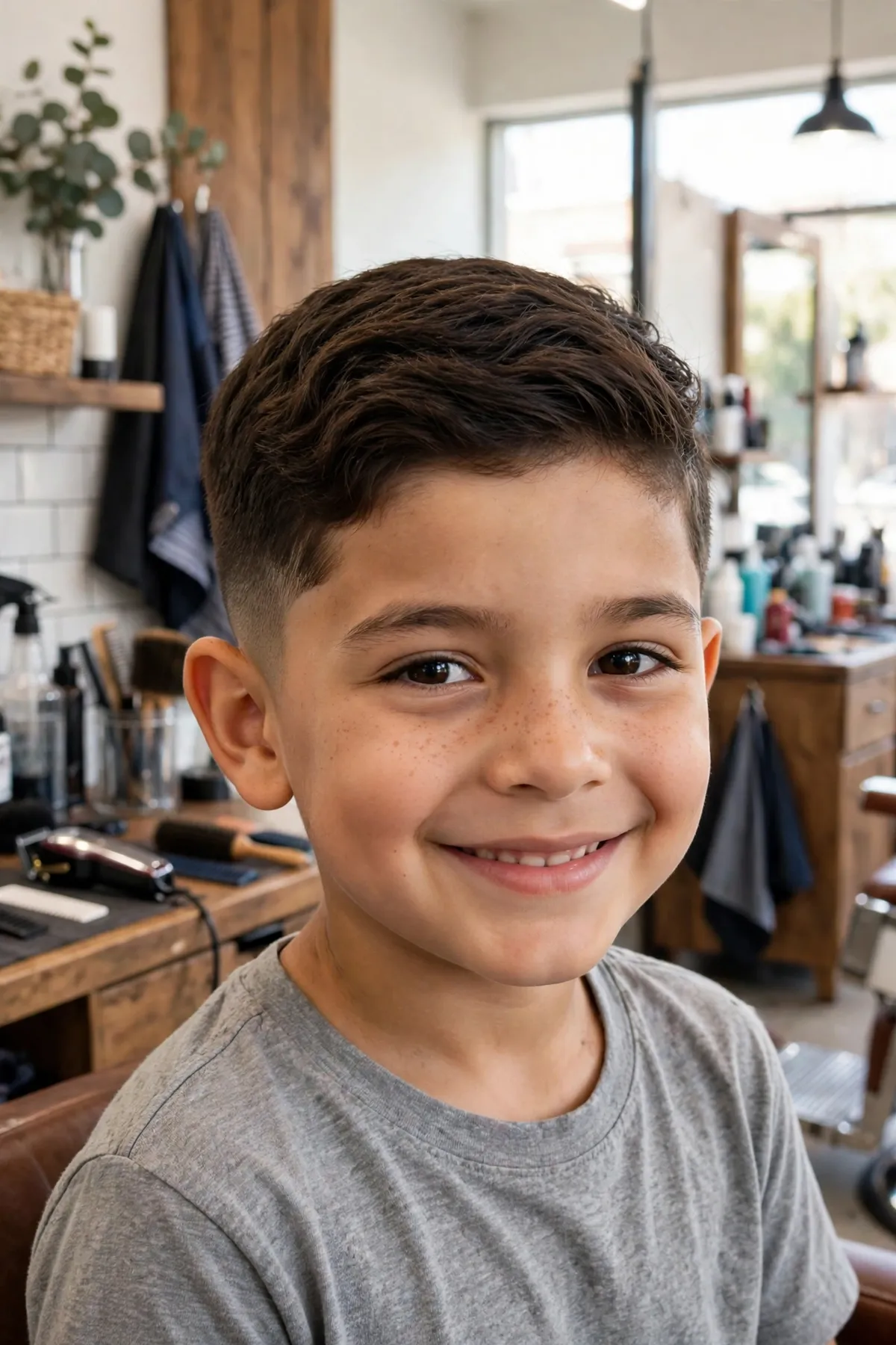 Boy with a low taper fade, gradual fade starting low near the ears with neat top, a clean boys haircut