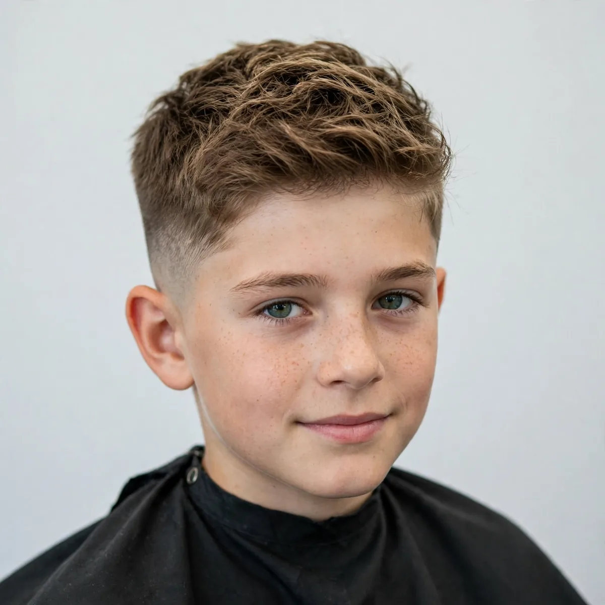 Mid fade haircut on a 10 year old boy with a textured top, a popular kids haircut