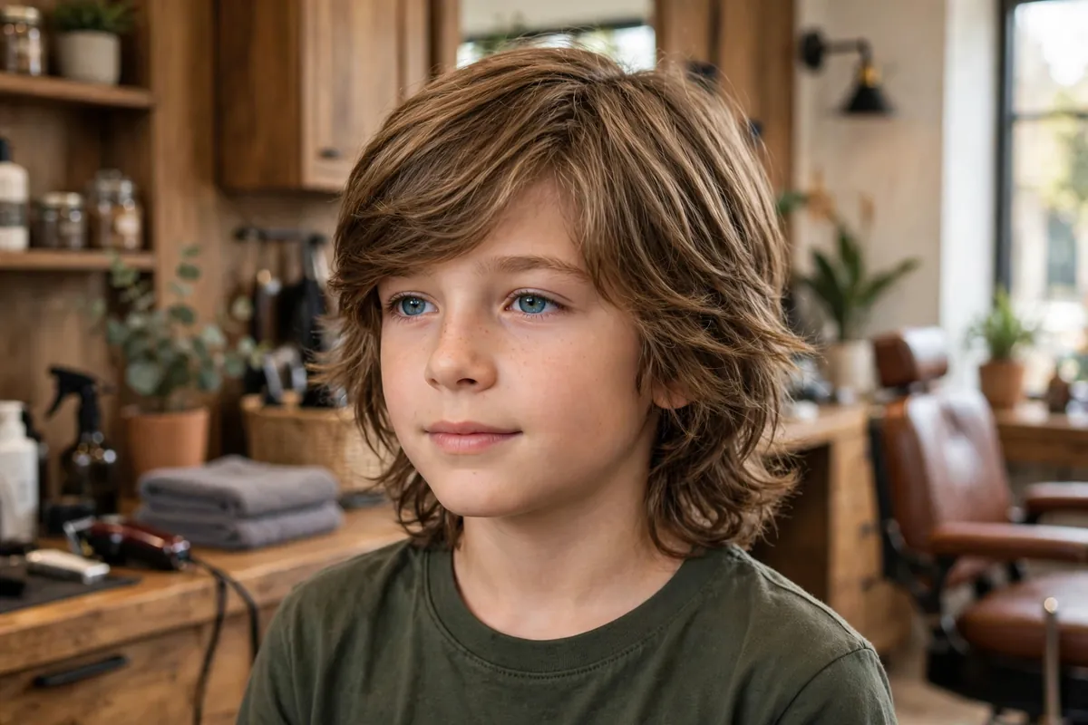 Boy with shoulder-length shaggy haircut, soft layers framing the face