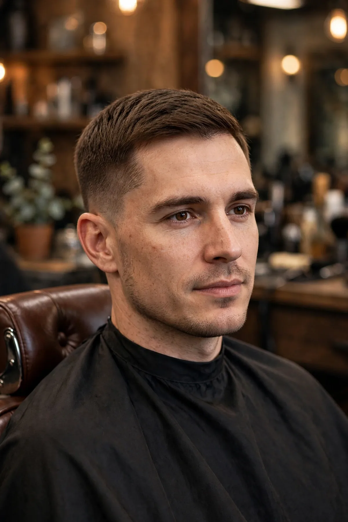 Side part crew taper fade haircut — short crew cut with a subtle side part and tapered faded sides