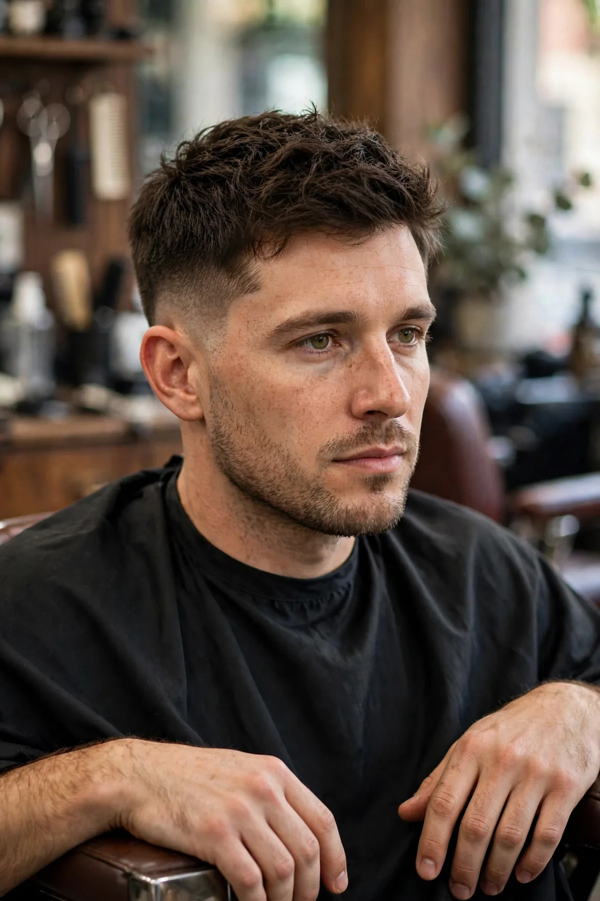 Classic crew cut very short haircut for men — short sides with slightly longer tapered top
