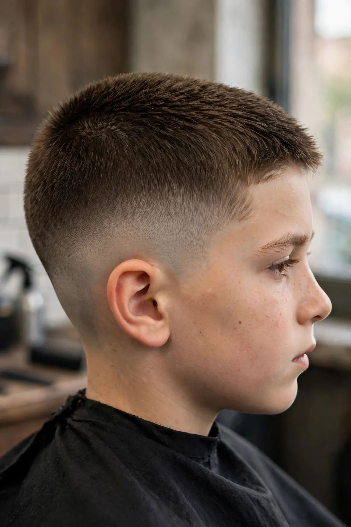 Crew cut fade haircut for boys, short upright top with clean faded sides, sporty boys fade haircut