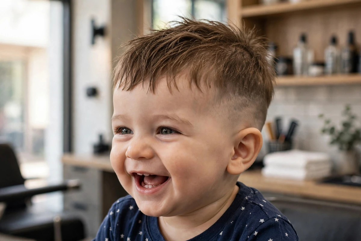 Baby boy with a baby French crop haircut, short textured fringe baby boy haircut