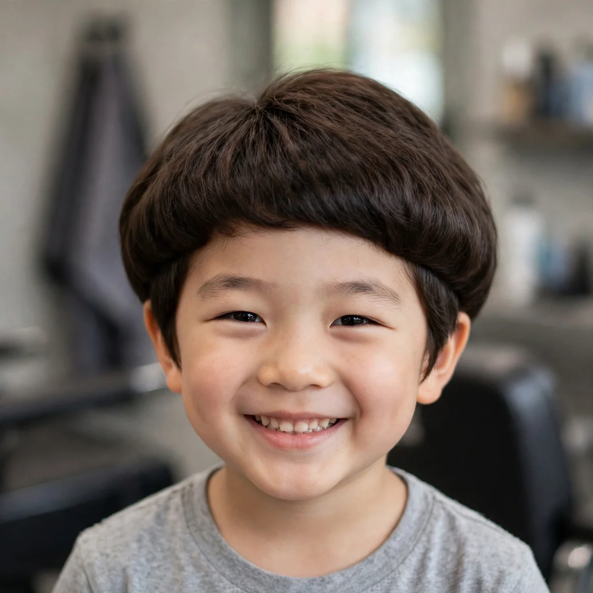 Little boy with a soft 90s mushroom cut, rounded shape with slightly longer sides — 90s boy haircuts
