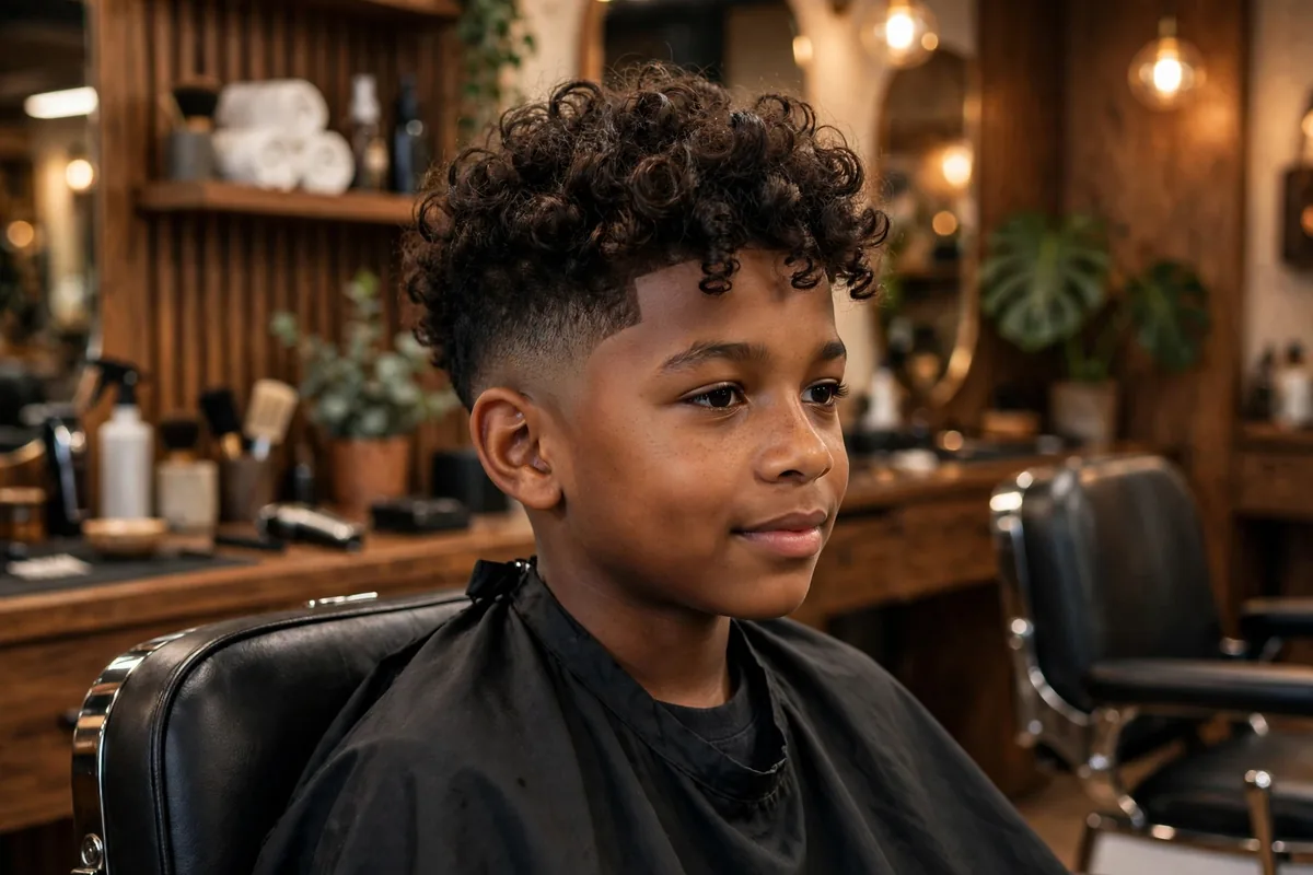Little boy curly top with low fade haircut, natural curls on top with short faded sides, kids curly haircut