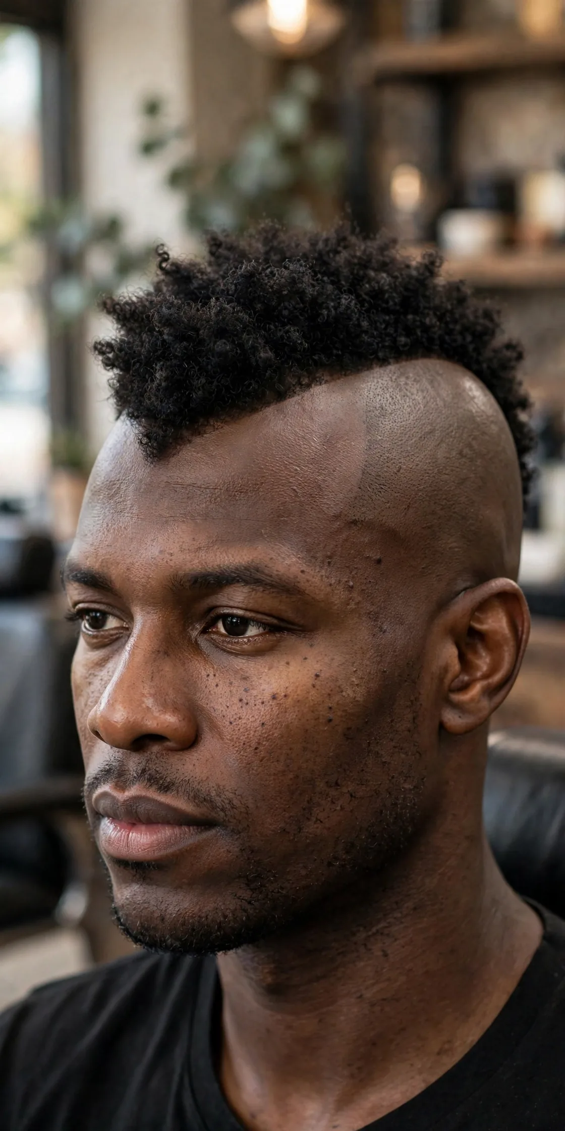 Bald fade with curly mohawk haircut, bald faded sides with a bold strip of curls down the center