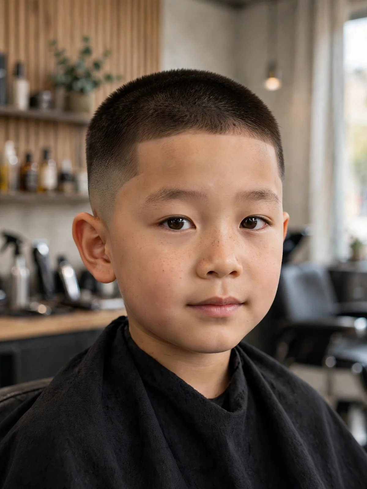 Young Asian boy with a clean buzz cut and tapered neckline, simple asian boy haircut