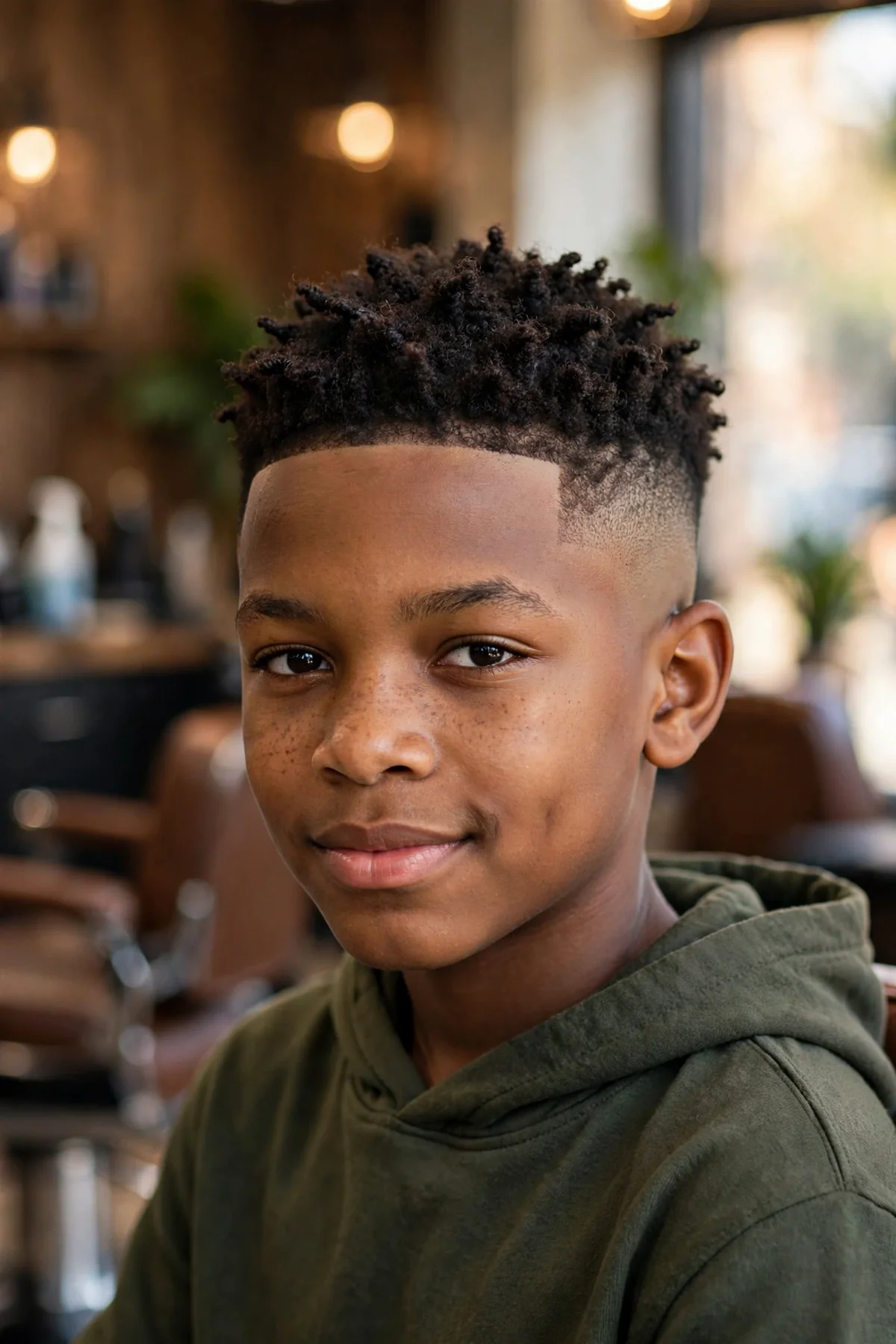 Black boy about 12 years old with a high taper fade starting above the temples and a short twist-out texture on top