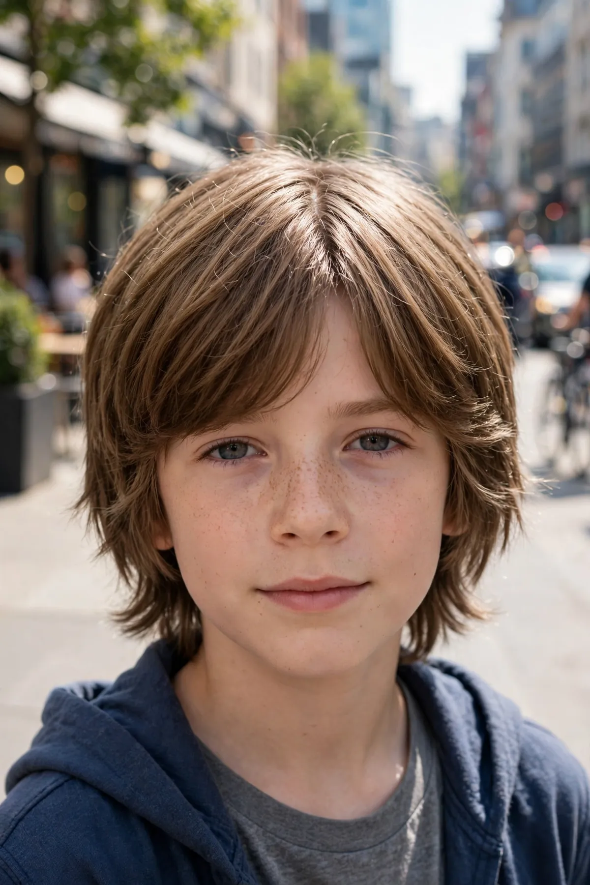 Boy with a shaggy curtain haircut, center-parted layered hair framing both sides of the face