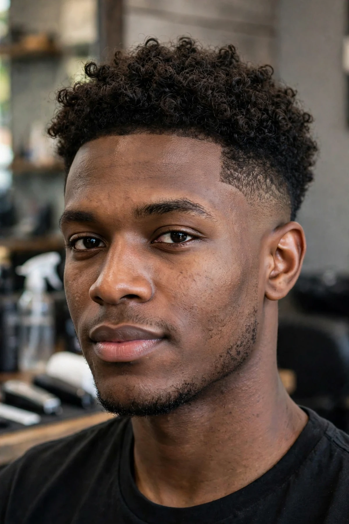 Low taper fade haircut with curly top