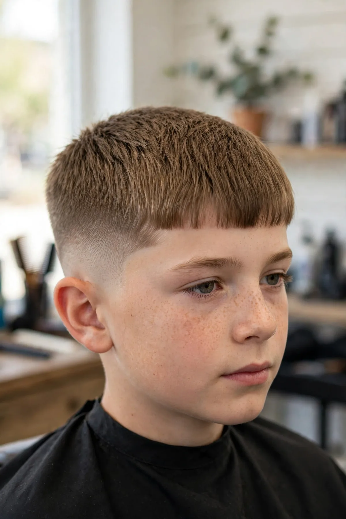 Boy with a short caesar fade haircut for boys — short straight fringe with even faded sides