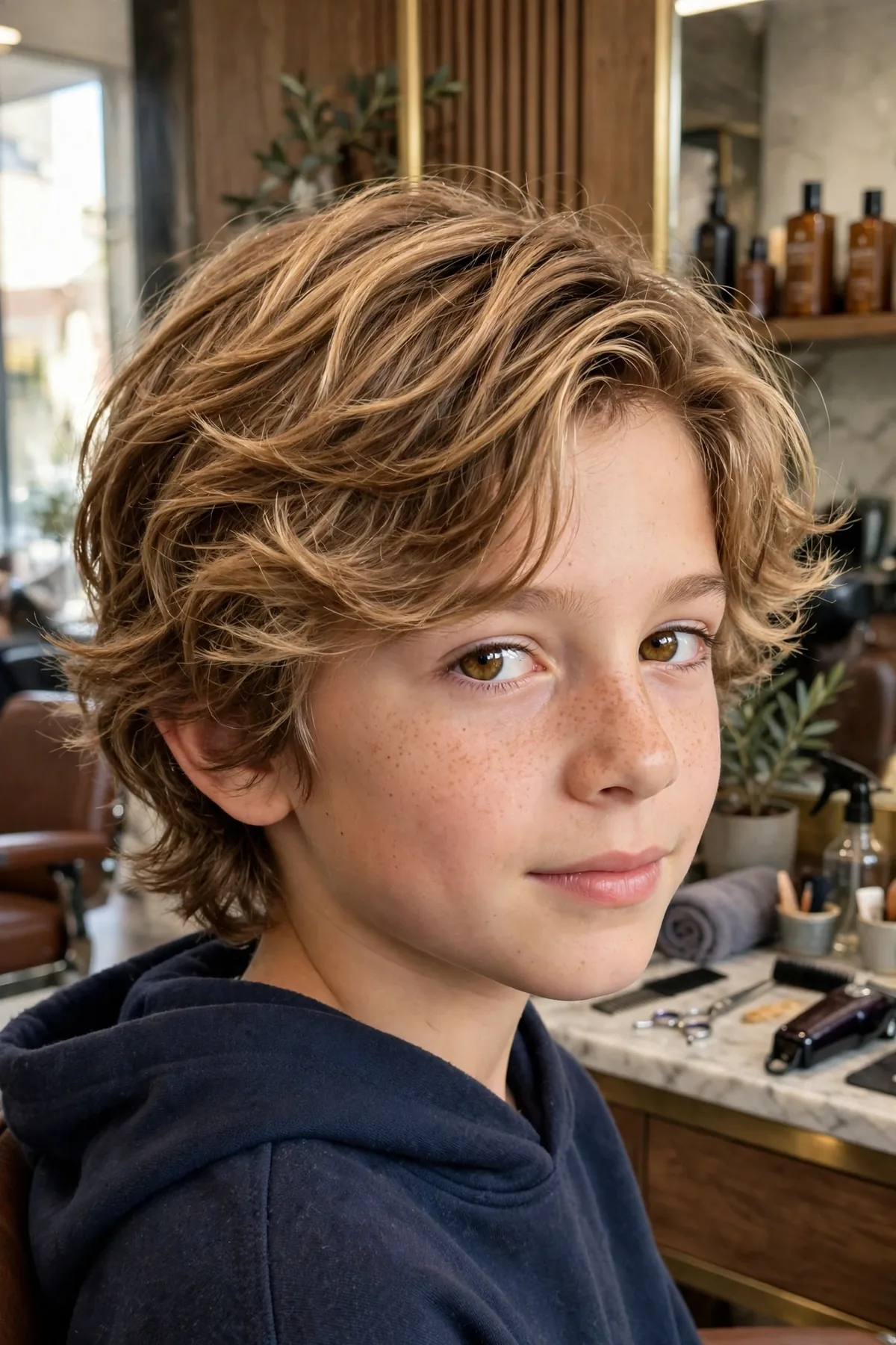 Photorealistic photo of a boy with beachy mid-length waves, loose natural waves falling past the ears with texture and volume, fresh coastal barbershop vibe. A cool modern longer boy haircut.