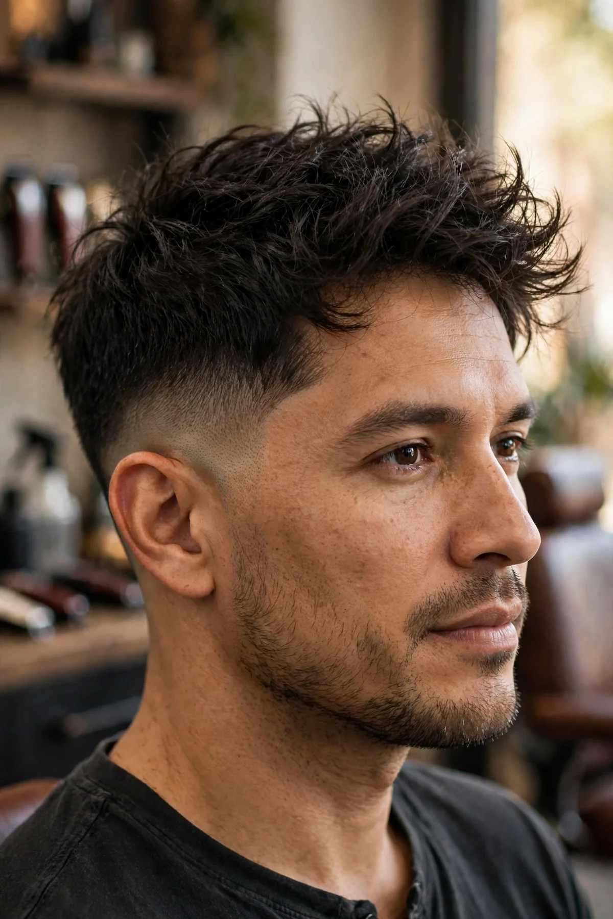 Messy textured top low skin fade haircut, tousled finger-styled hair, low fade to bare skin framing the sides