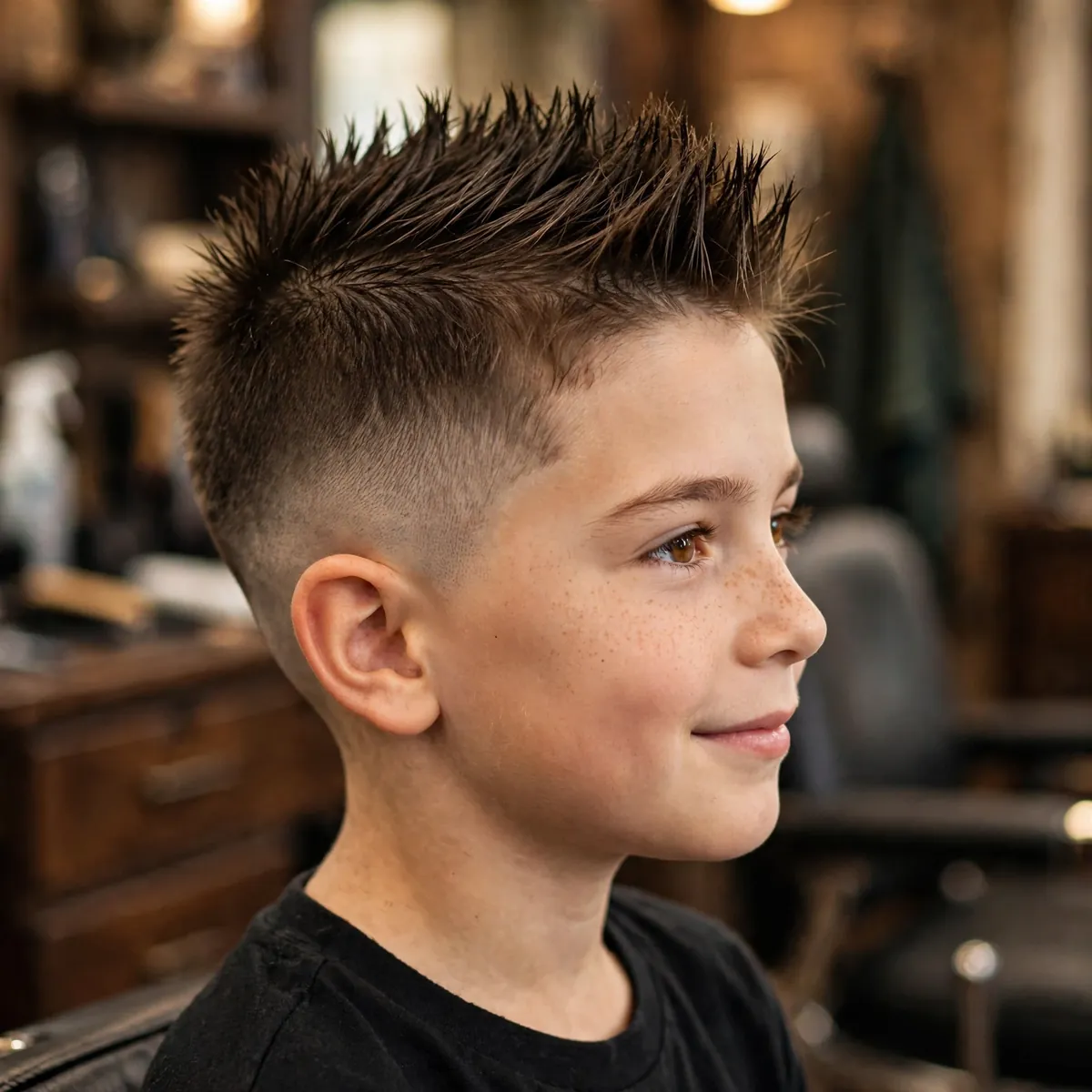 Burst fade mohawk haircut for kids — curved fade around the ear with a spiky mohawk top