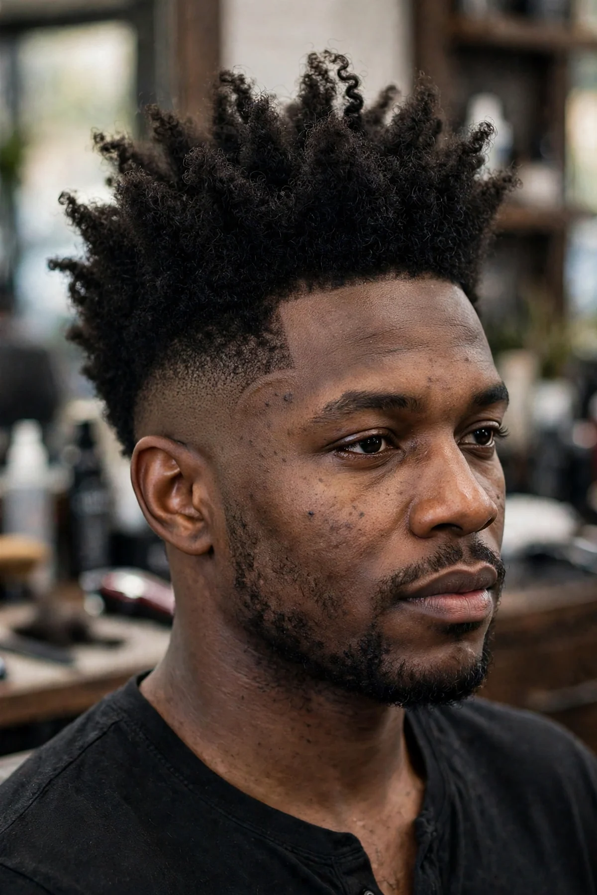 High top haircut with a burst fade, tall top with the fade bursting in a curve around the ear, modern barbershop photo
