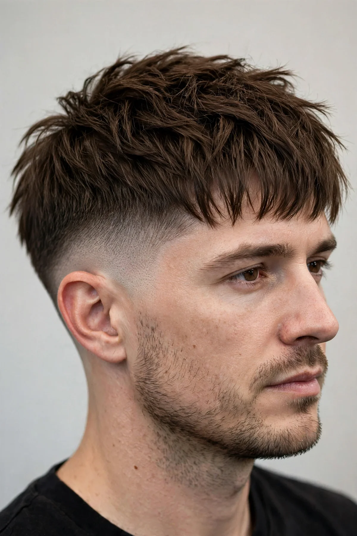 Choppy layered mid drop fade haircut with movement on top
