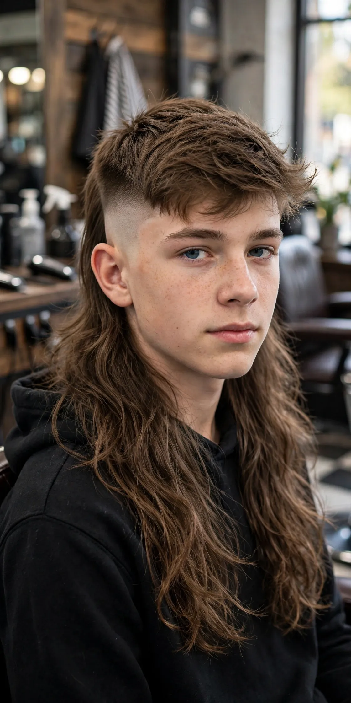 High fade mullet boys haircut photo — high tight fade, longer top, bold long back