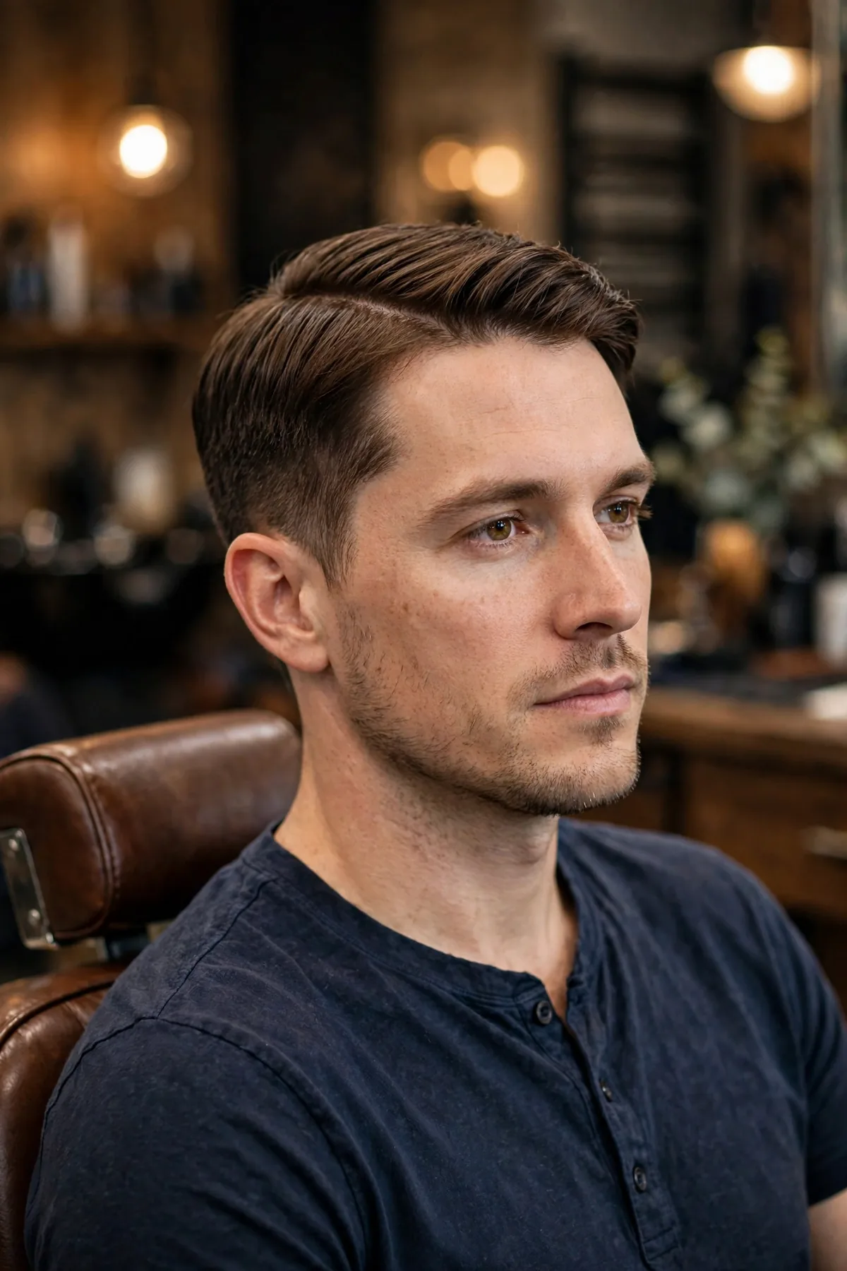 Ivy League taper fade haircut — short side-parted top with a low taper fade, polished preppy men's haircut