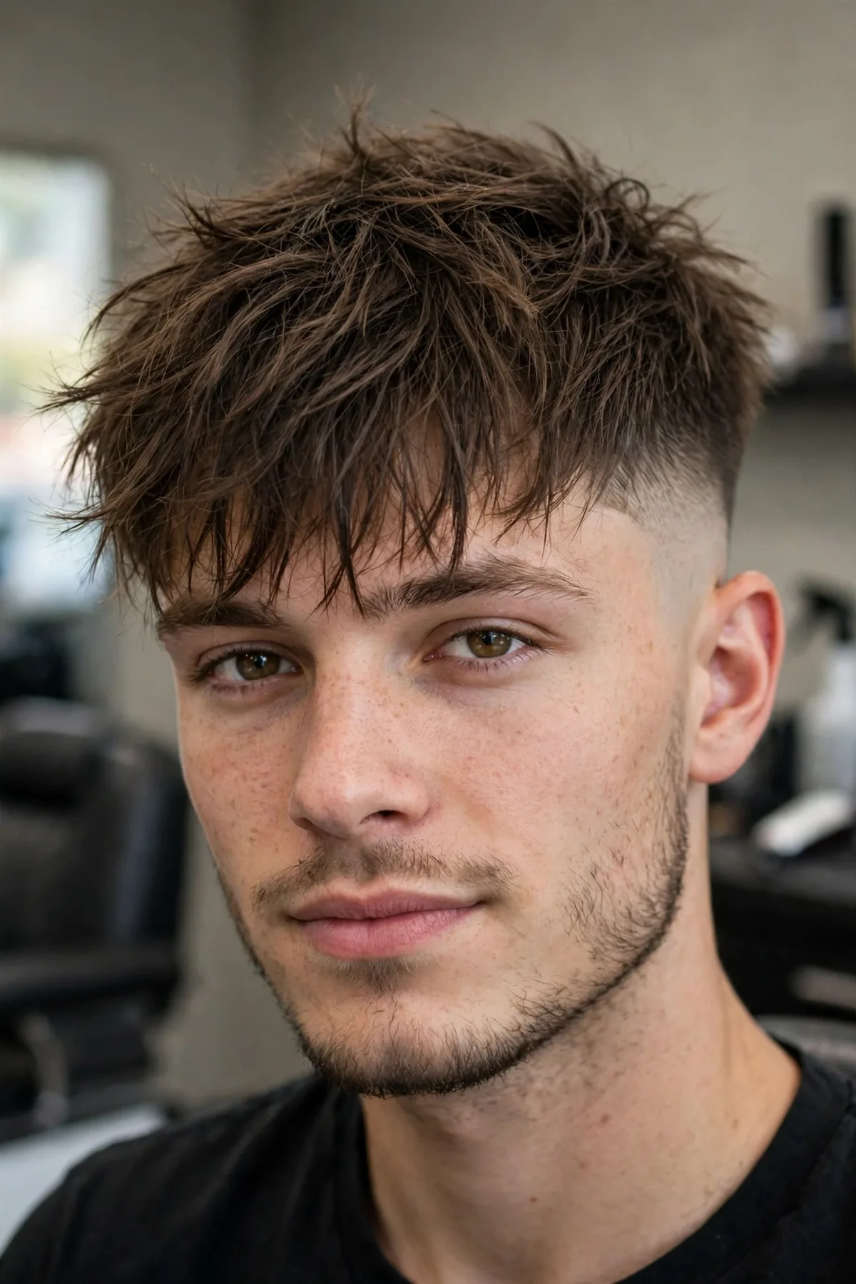 Messy fringe with a high skin fade, forward-styled top and skin faded sides