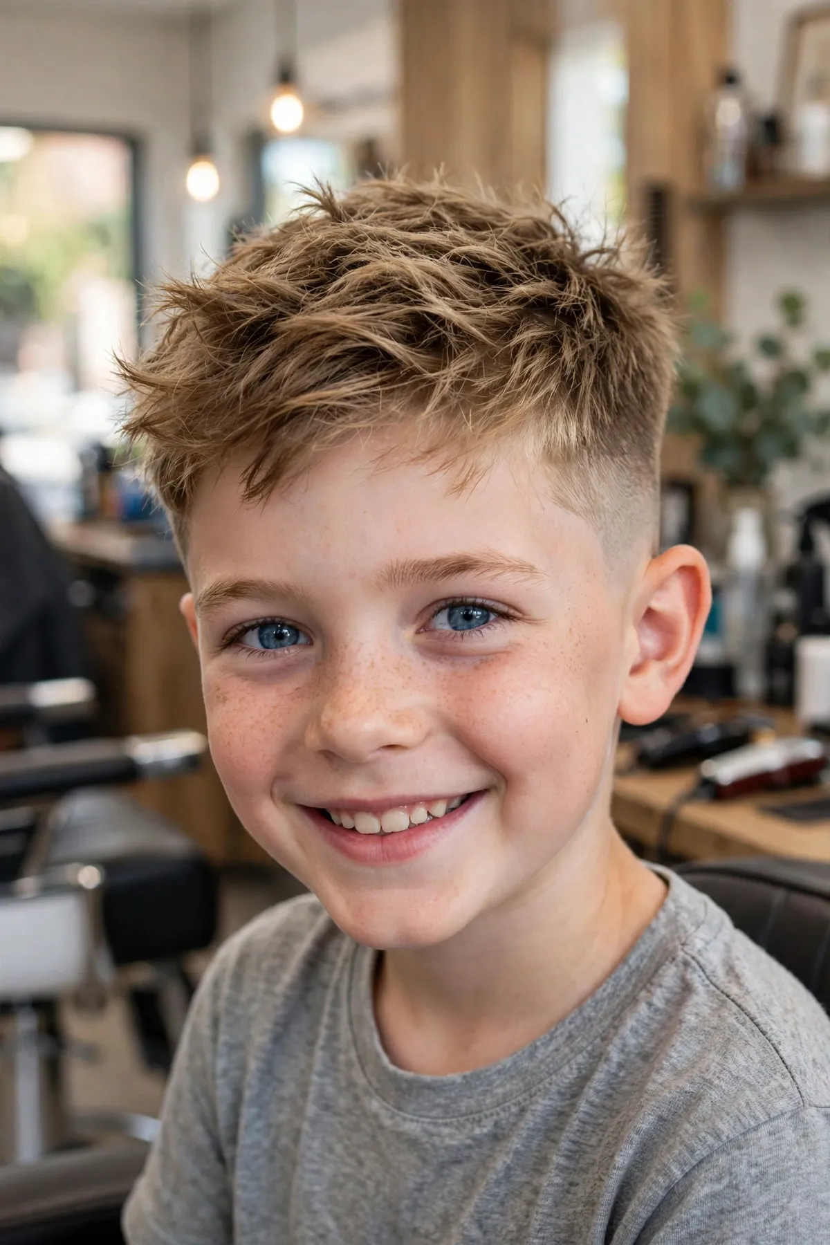 Boy with a mid fade and textured top, sharp faded sides with messy volume on top, a cool haircut for boys