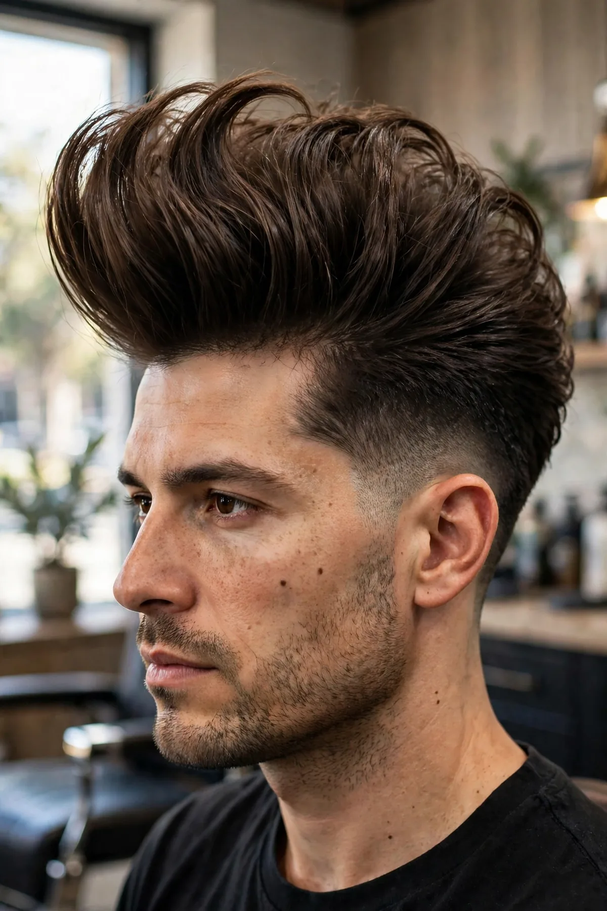 Pompadour with shadow fade for men, tall voluminous pompadour on top, soft stubble shadow fade at the sides, classic-meets-modern style