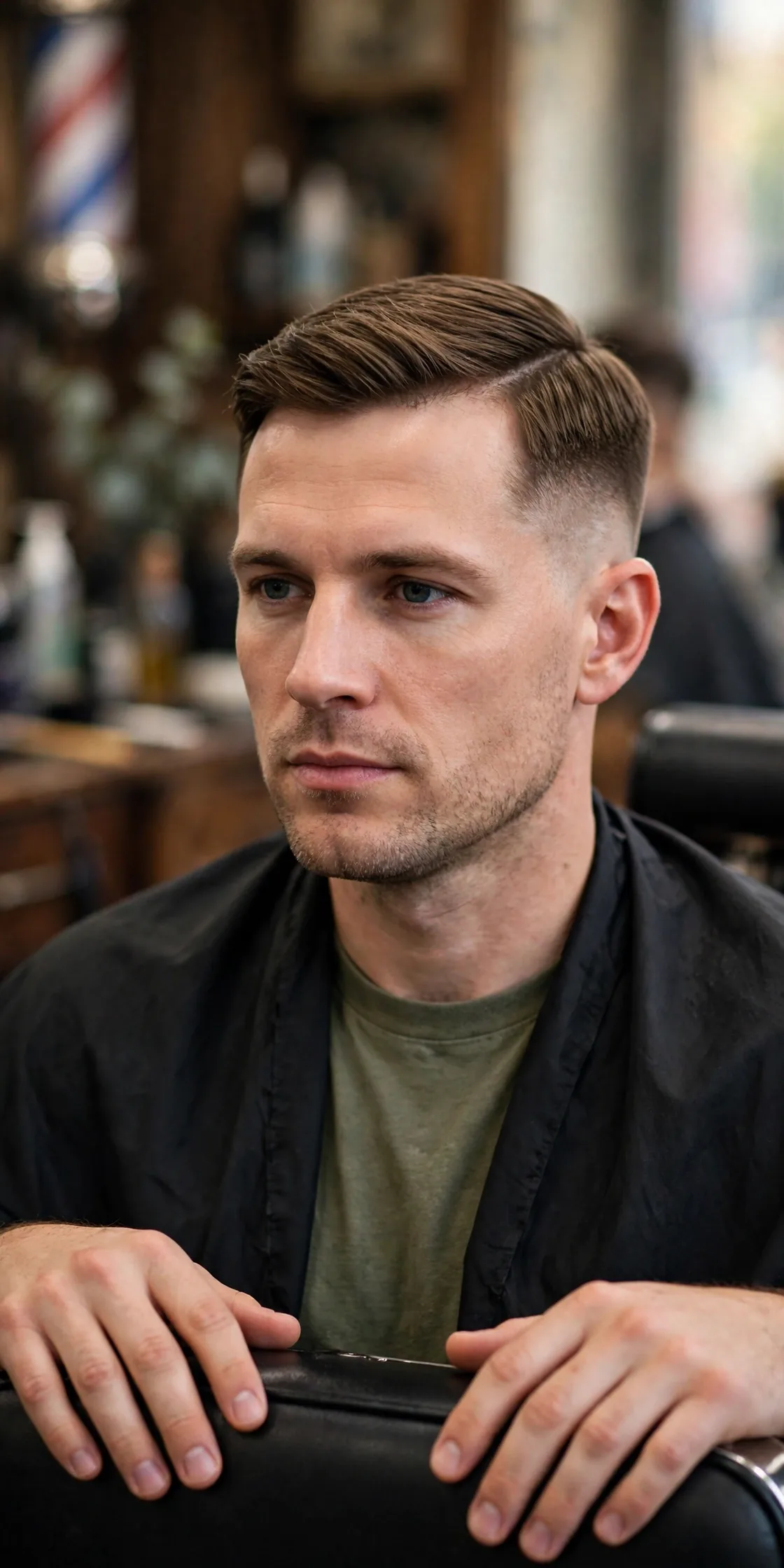Regulation cut very short haircut for men — neat side part with short tapered sides