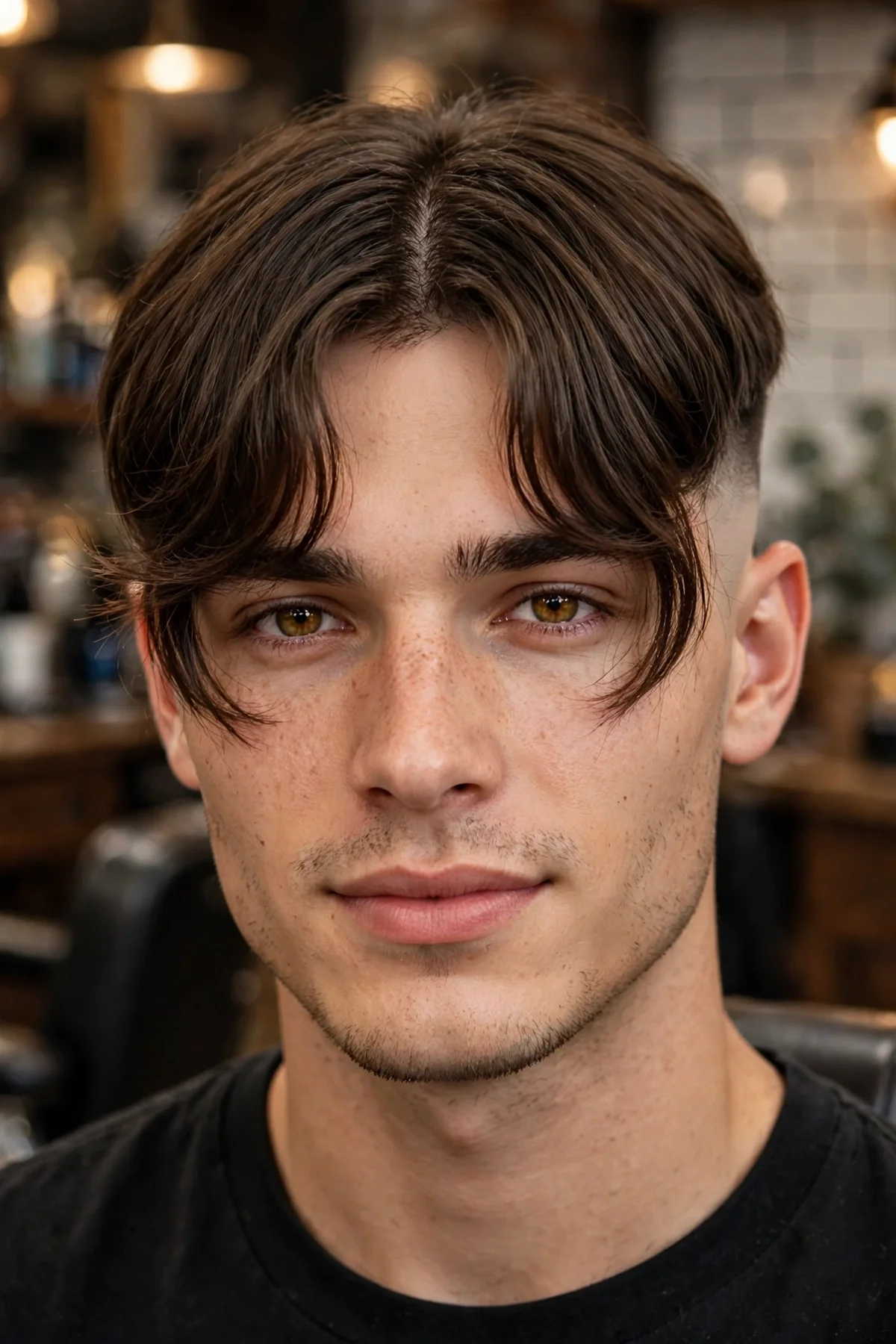 Curtain bangs haircut for men with long curtain top and buzzed short sides
