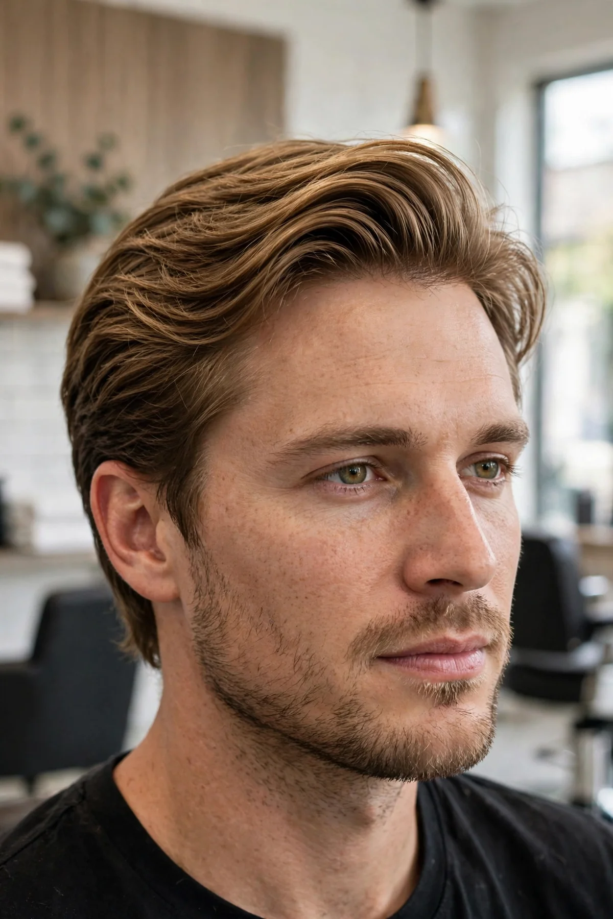 Fine-hair medium length flow haircut, fuller-looking swept-back style on a man