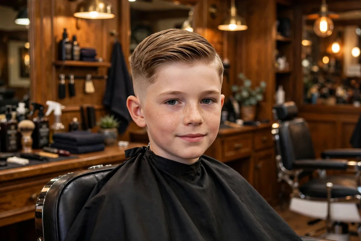 Little boy Ivy League haircut with taper fade, neat side part short top with tapered sides, smart kids haircut