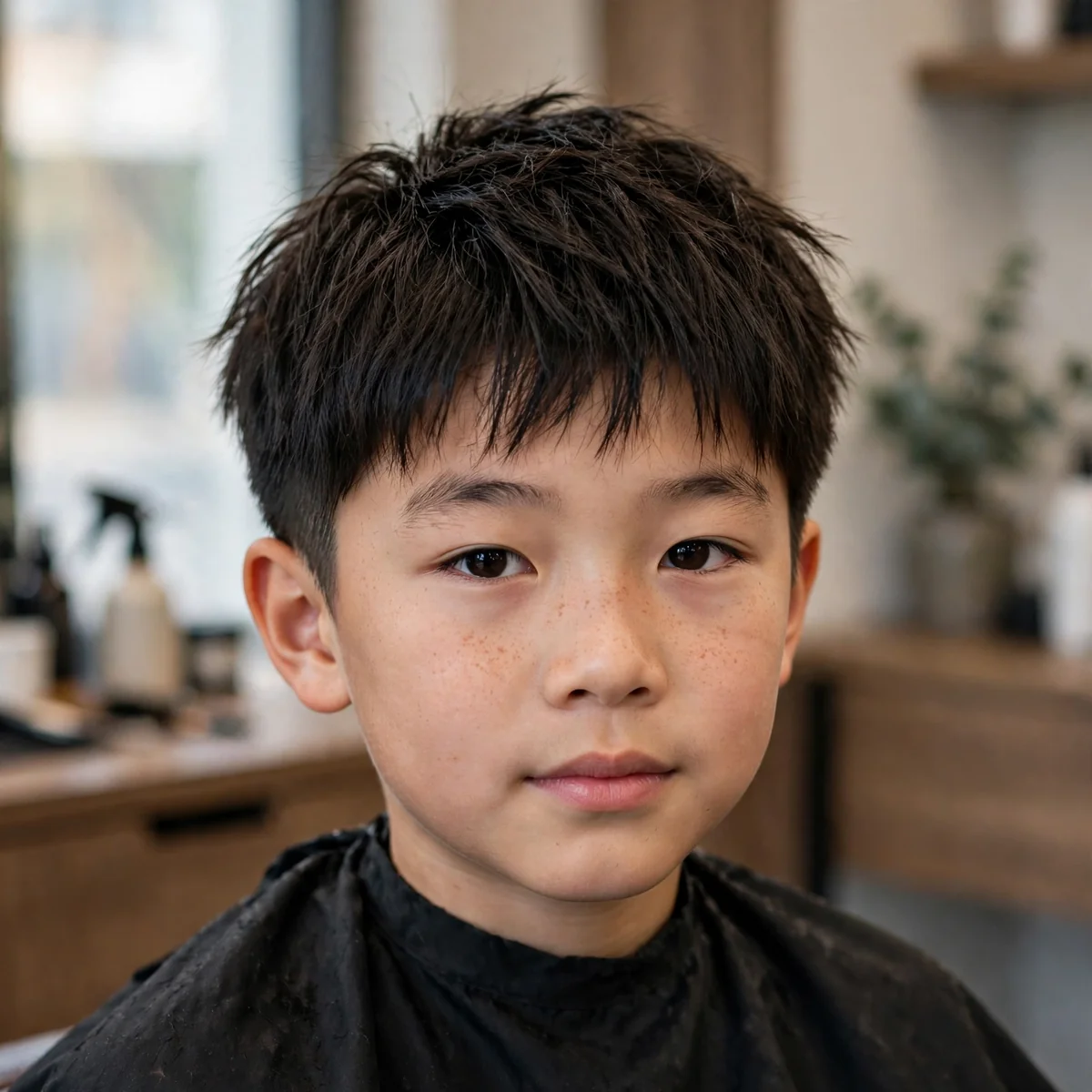 Asian boy with a choppy school crop asian boy haircut, layered short top with natural texture