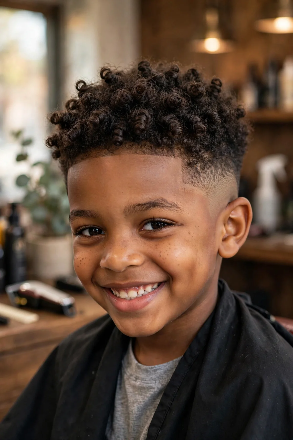 Black boy about 7 years old with defined sponge curls on top and a mid taper fade on the sides
