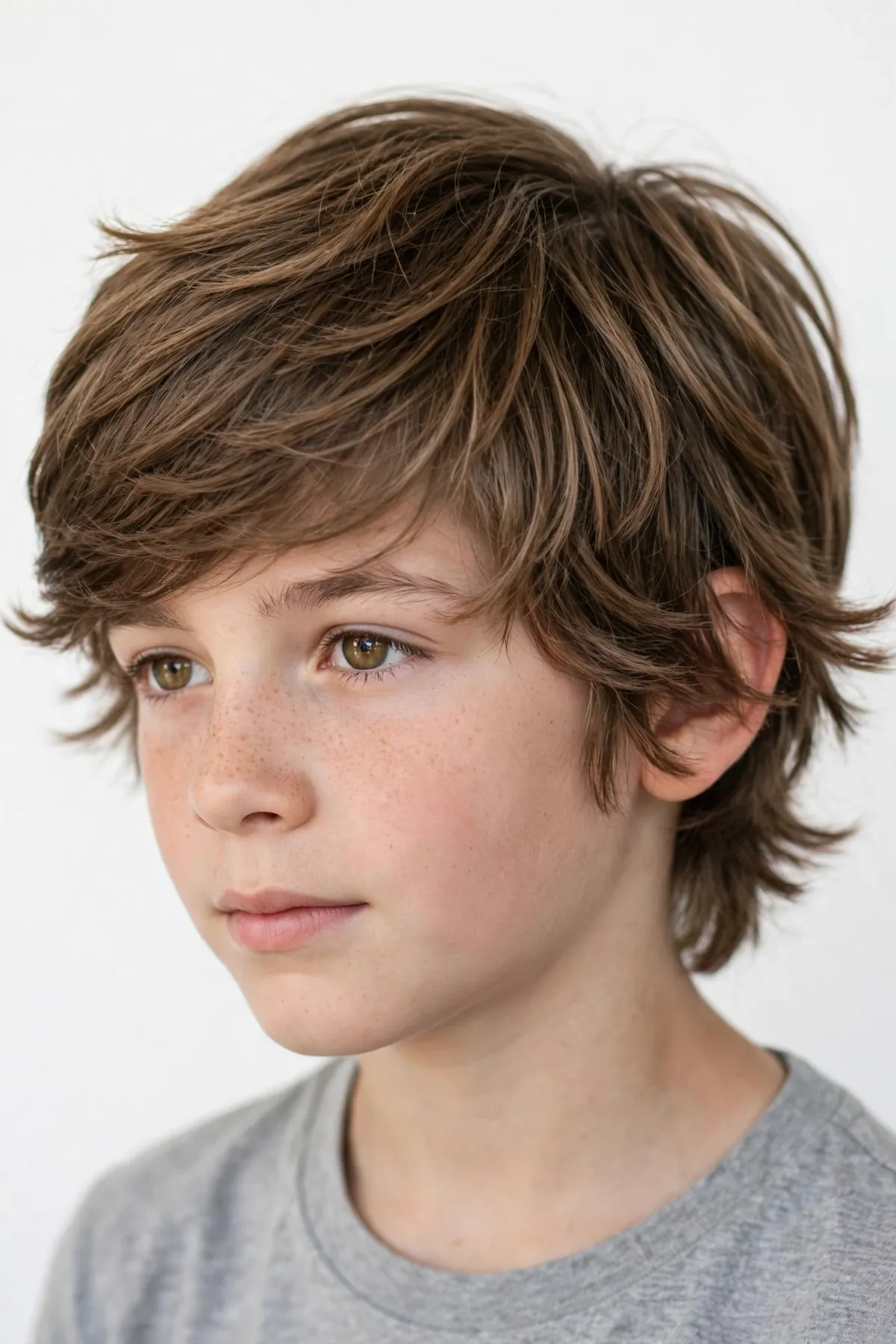 Boy with a feathered layer shag, soft flipped-out ends and gentle layers around the ears