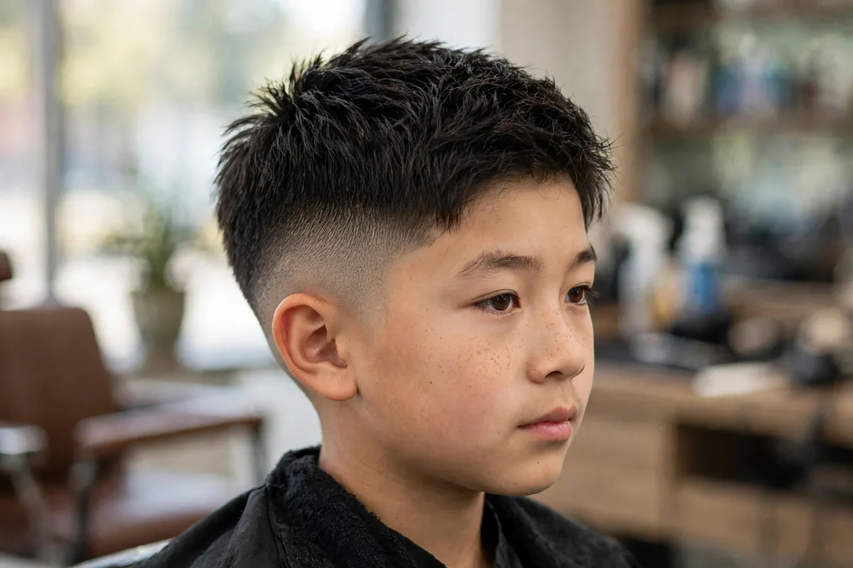 Boy with a low drop fade and short textured top haircut for boys — textured short top with the fade dipping behind the ear
