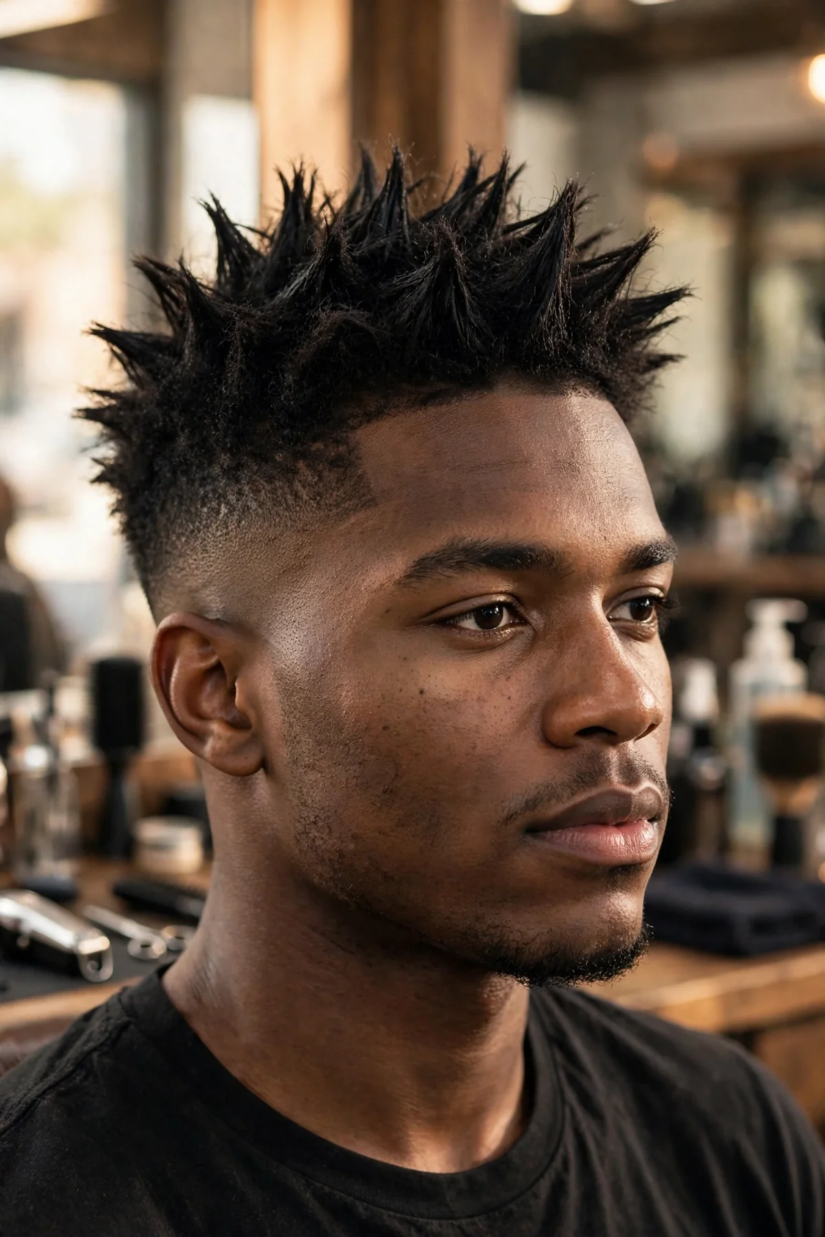 Short spikes low skin fade haircut, spiky textured top, low fade dropping to bare skin just above the ears