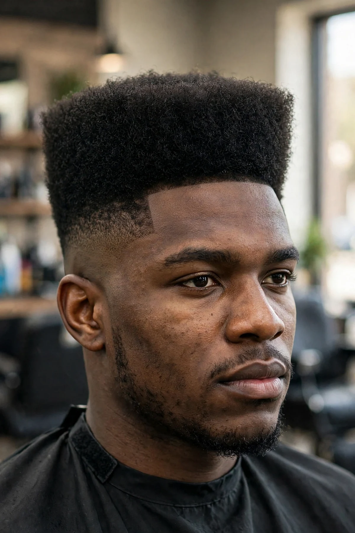 High top haircut with a temple fade, tall squared top with a sharp fade at the temples, clean barbershop photography
