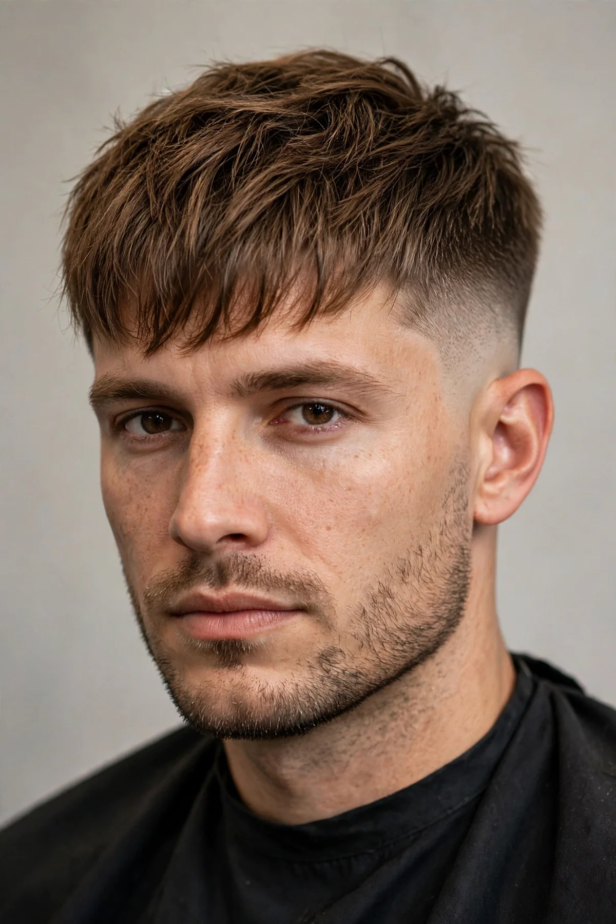 Textured fringe mid drop fade haircut with forward fringe on the forehead